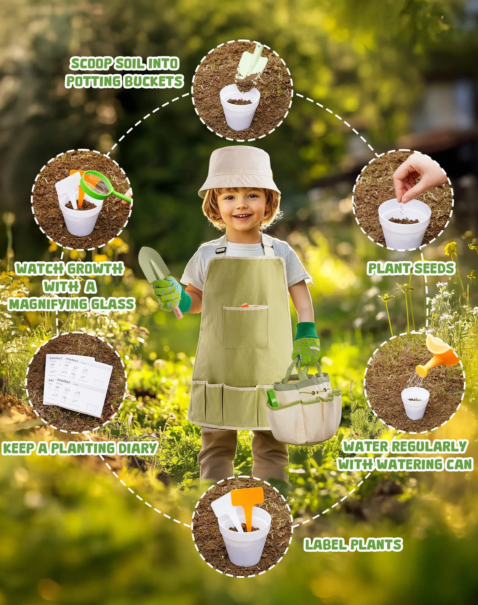 ROBUD Set da giardinaggio per bambini, kit di attrezzi da giardino per bambini da 18 pezzi con grembiule, annaffiatoio, paletta, giocattoli educativi all'aperto per bambini e bambine dai 3 anni in su