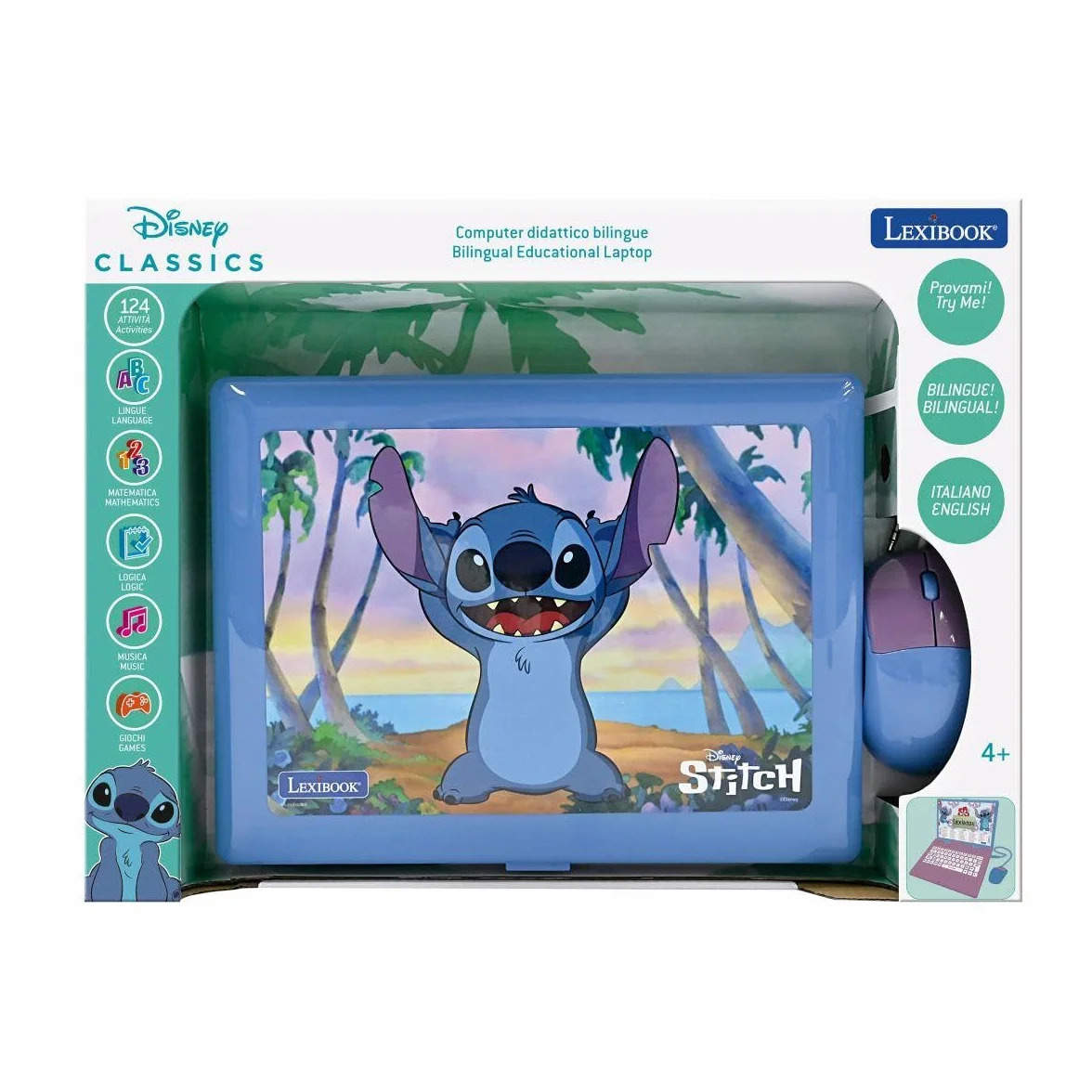 Lexibook, Disney Stitch, Computer educativo bilingue italiano/inglese, Giocattolo per bambini con 124 attività e giochi di lingua, scrittura, matematica, logica, musica, Viola/Blu, JC598Di5LXB