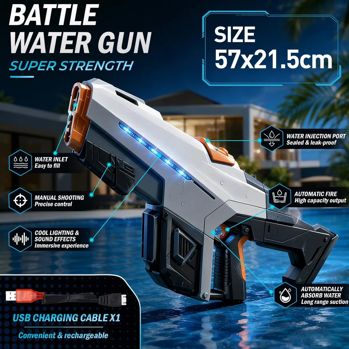Pistola ad Acqua Elettrica - 610ML Fucile ad Acqua Elettrico Automatica con Luce per Bambini e Adulti, Lunga Gittata 8–10M, Electric Water Gun per Piscina Spiaggia Giardino