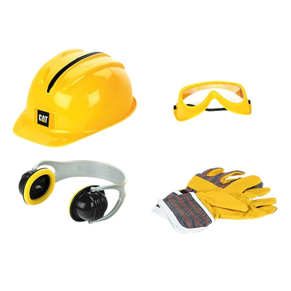Theo Klein 3224 CAT® gilet da operaio edile, Con casco, guanti, occhiali e protezione per l’udito, Gilet di protezione per bambini da 3 a 6 anni, Giocattolo per bambini a partire da 3 anni