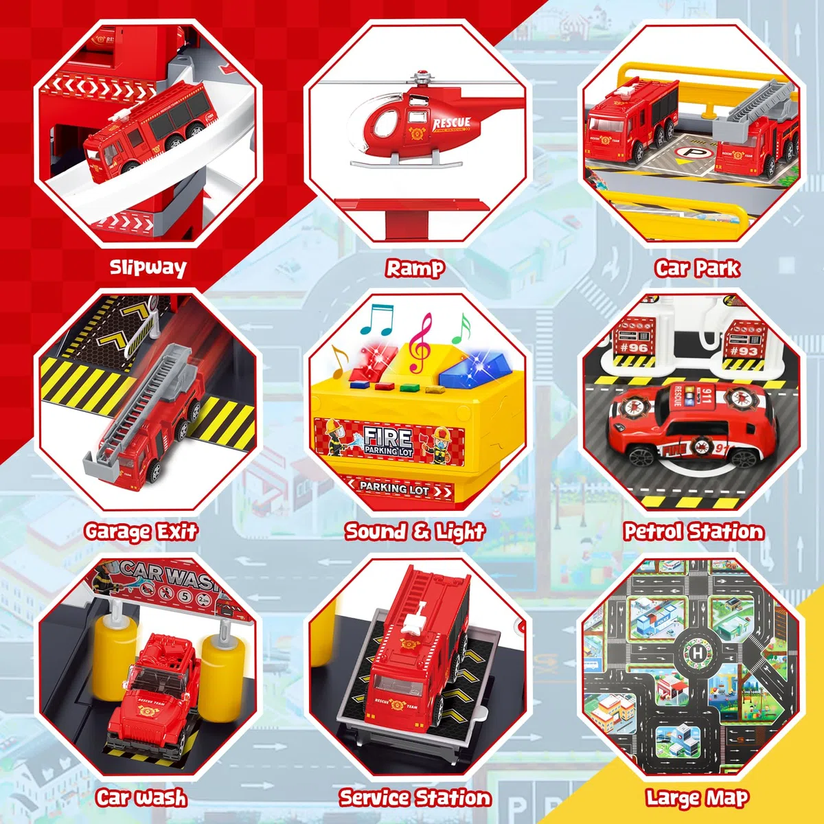 FORMIZON 5 Piani Parcheggio per Bambini dai 3 Ann, Parcheggio Macchinine con Garage, Ascensore, Rampe, Effetti Sonori e Luminosi, Garage Mmacchine per Bambini con 8 Autos e 3 Elicottero (Rosso)