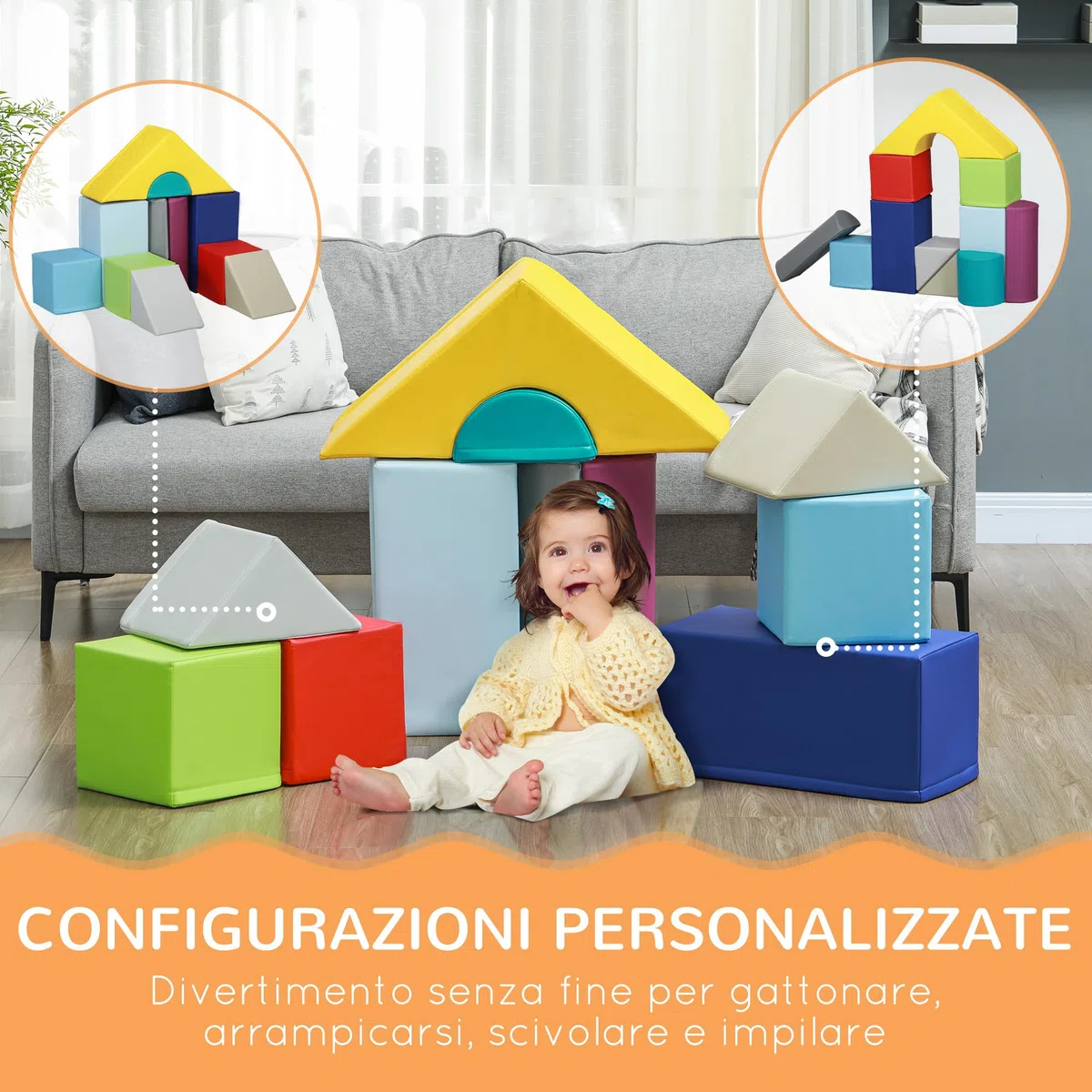 HOMCOM Set di 11 Blocchi Morbidi in Schiuma e PU per Bambini 1-3 Anni, Giocattoli per Arrampicata Multicolore