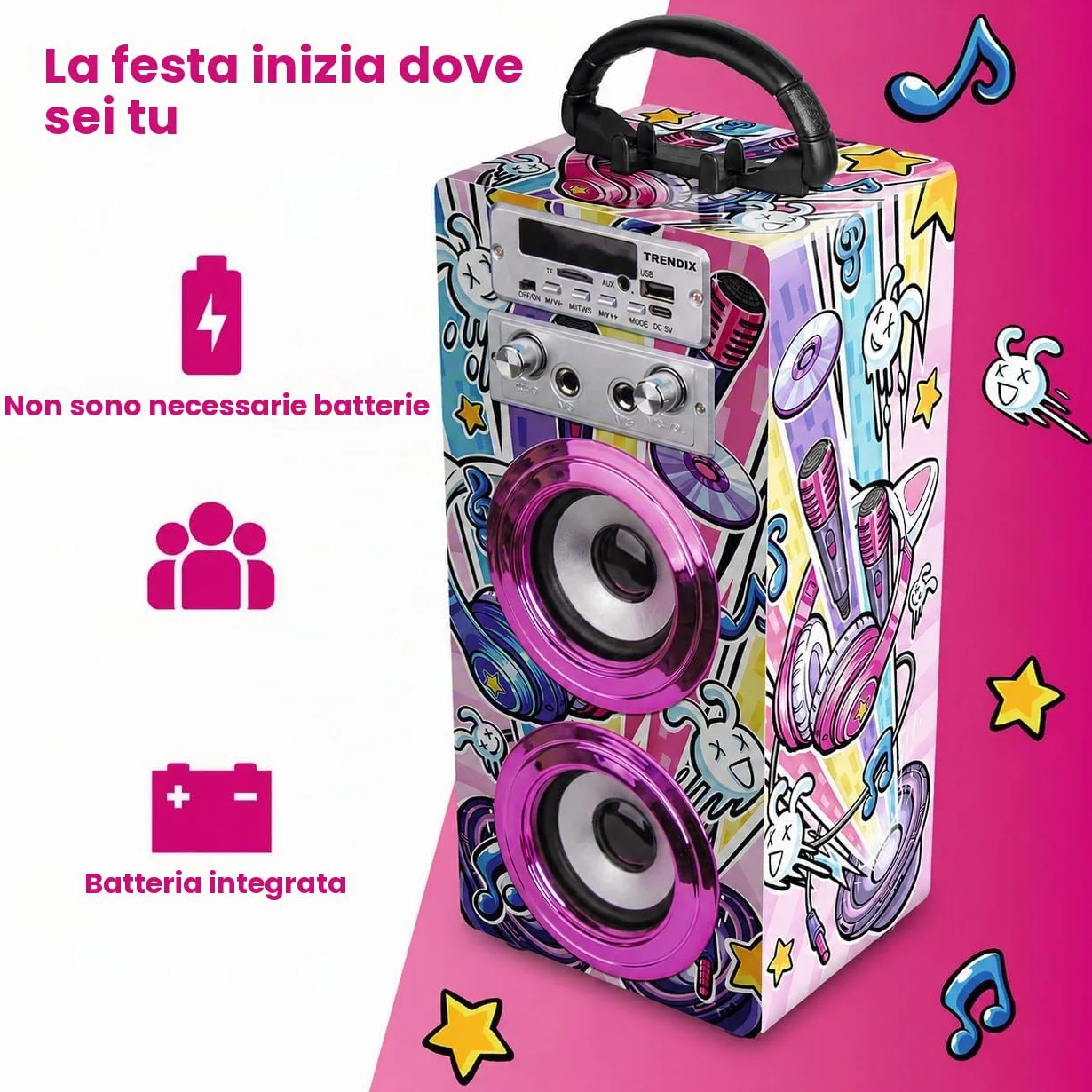 Karaoke Per Bambini Party Edition Con Microfono Cassa Bluetooth Radio Fm Usb 2 Microfoni Rosa