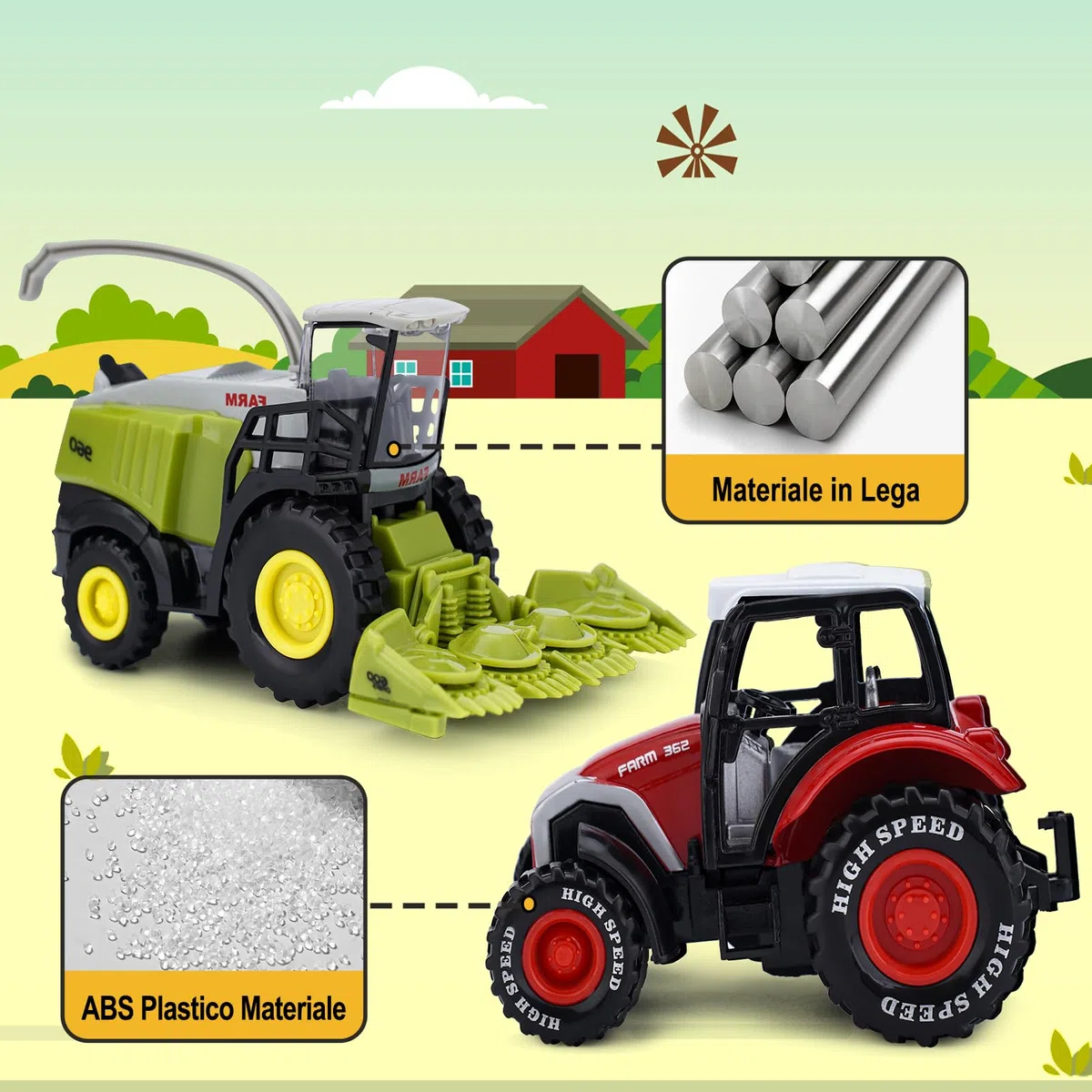 VBACALA Set Trattore Giocattolo Fattoria Pressofuso,Trattore con Rimorchio Mietitrebbia per Bambini, Veicolo Agricolo a Trazione Posteriore Modello,Giocattolo da Regalo per Ragazzi e Ragazze 3+ Anni