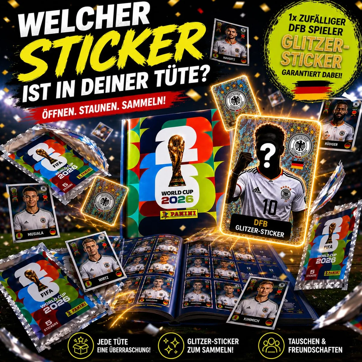 Panini Album di Adesivi Originale 2026 Mondiali Set di Base XXL Starter Set XL Copertina Morbida 6 Sacchetti Adesivi Germania
