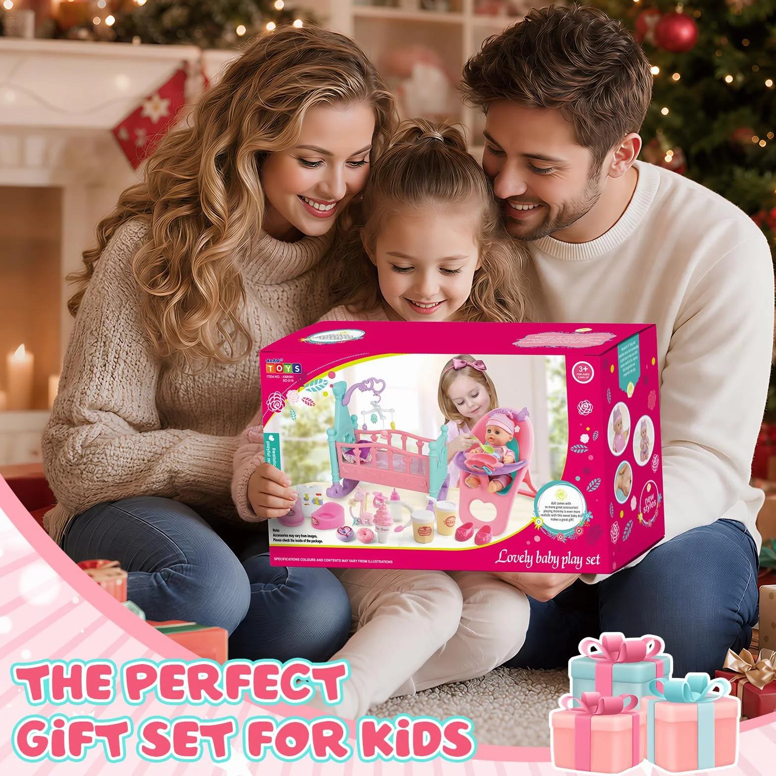 deAO Bambola con Accessori, Set da 21 Pezzi con Culla 12' Bambolotti Bebè Seggiolone e Lettino Giocattolo Educativo per Bambina 3+ Anni in su Idea Regalo per Natale o Compleanno