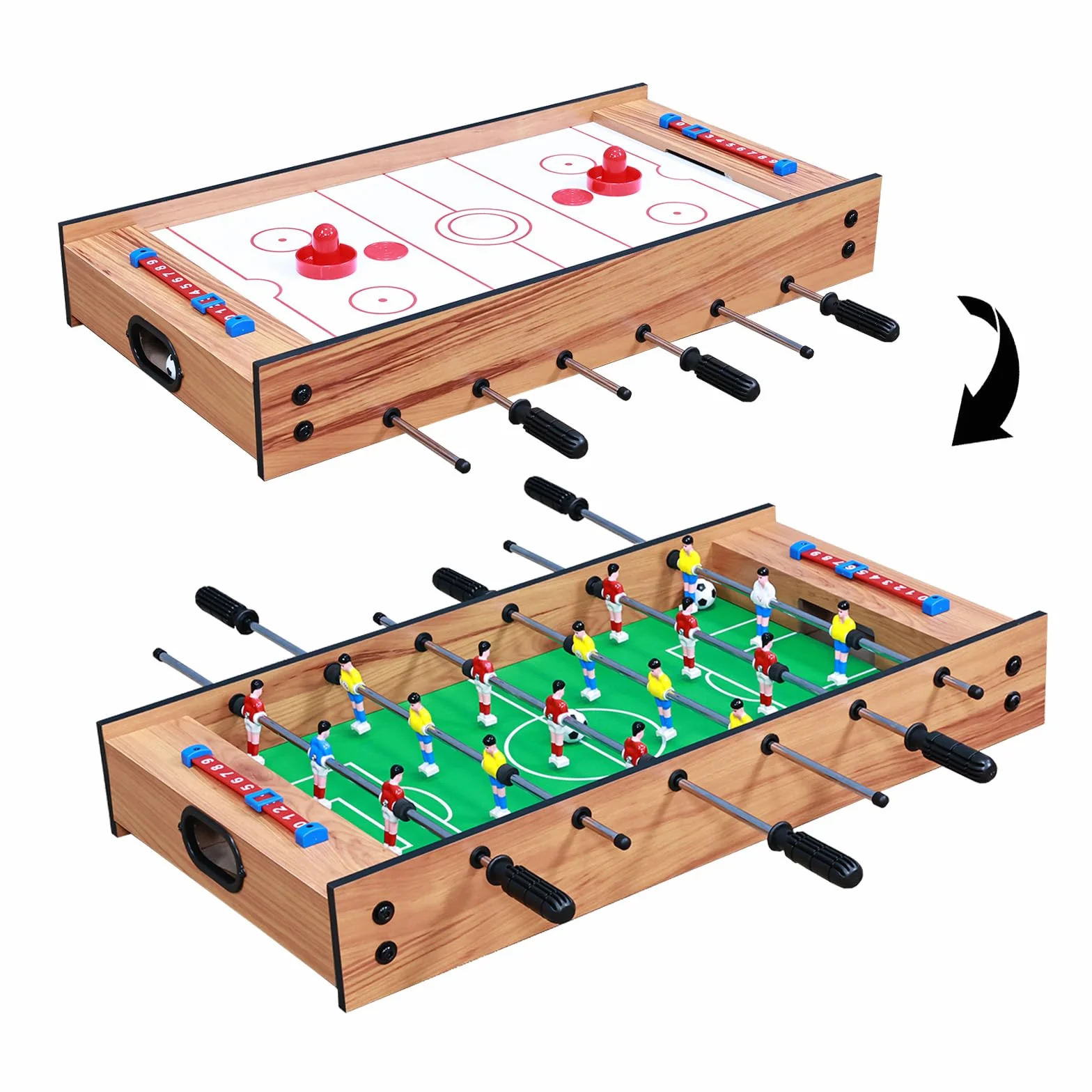 Tavolo da gioco multiplo 2 in 1, mini tavolo da calcio combinato con scivolo hockey, biliardino, tavolo da gioco in legno, per la famiglia