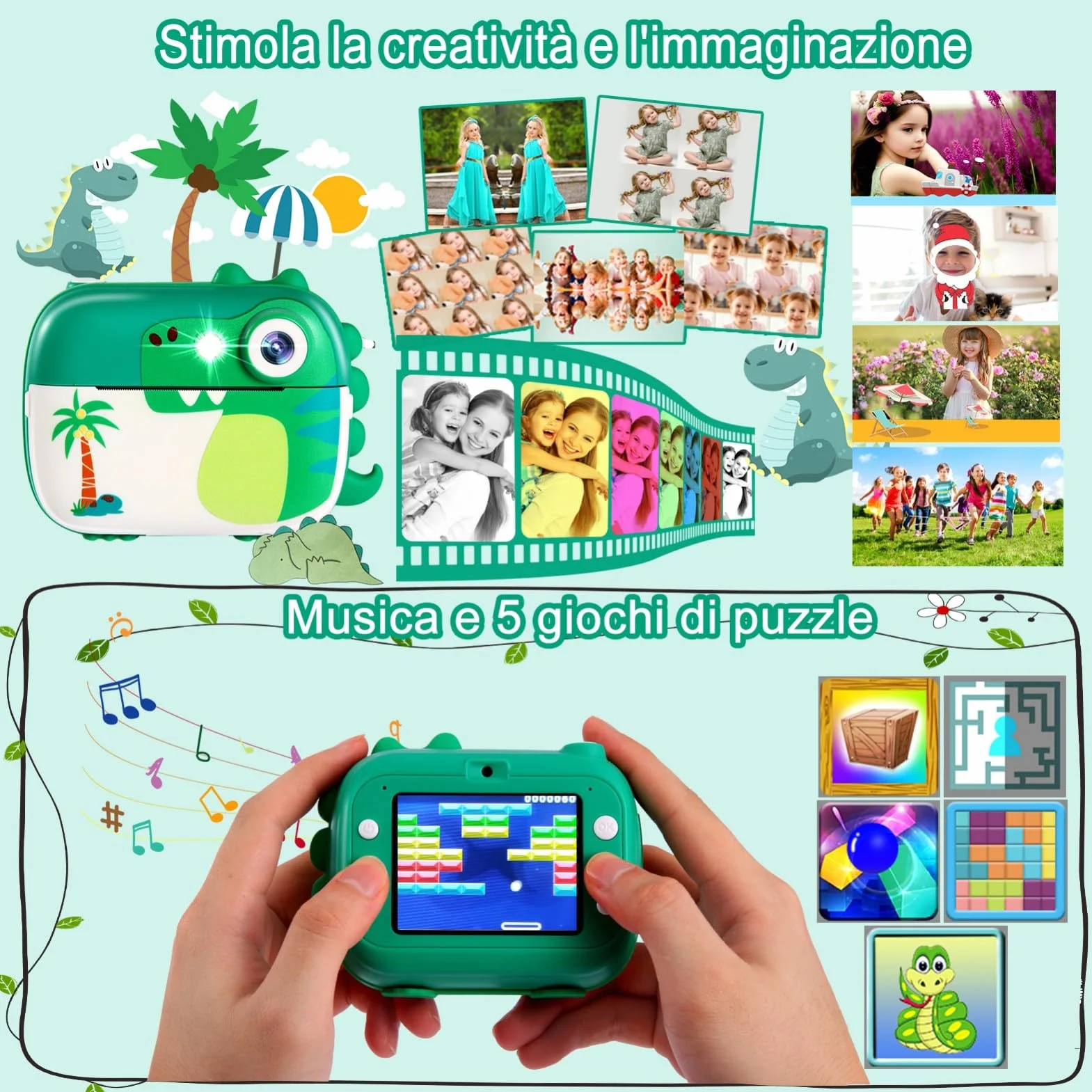 ARNSSIEN Macchina Fotografica Bambini Istantanea, 1080P Fotocamera Istantanea con 7 Rotoli di Carta, Fotocamera Digitale Bambini 2.4 Pollici, Regalo di Natale e Compleanno per Bambino di 3-12 Anni, M3