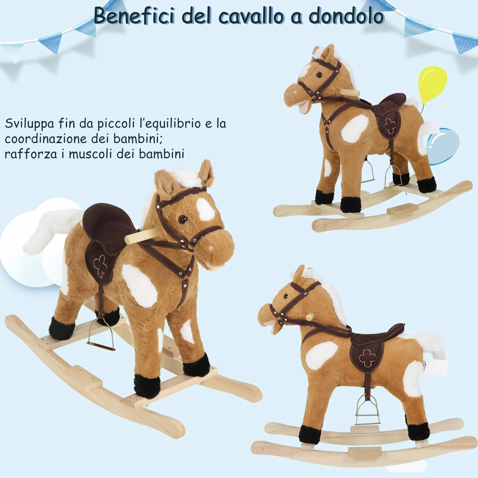 WOLTU Cavallo a Dondolo in Legno per Bambini, Cavalluccio Cavalcabile in Peluche con Suoni, Giocattolo Regalo per Bimbi 1/2/3 Anni, Marrone e Bianco