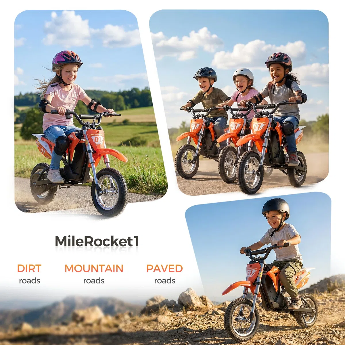 Milerocket 1 Moto Elettrica Bambini 4-10 Anni, 3 Velocità 8/12/25 Km/h, Batteria 36V 4Ah, Autonomia 20 Km, Doppia Sospensione