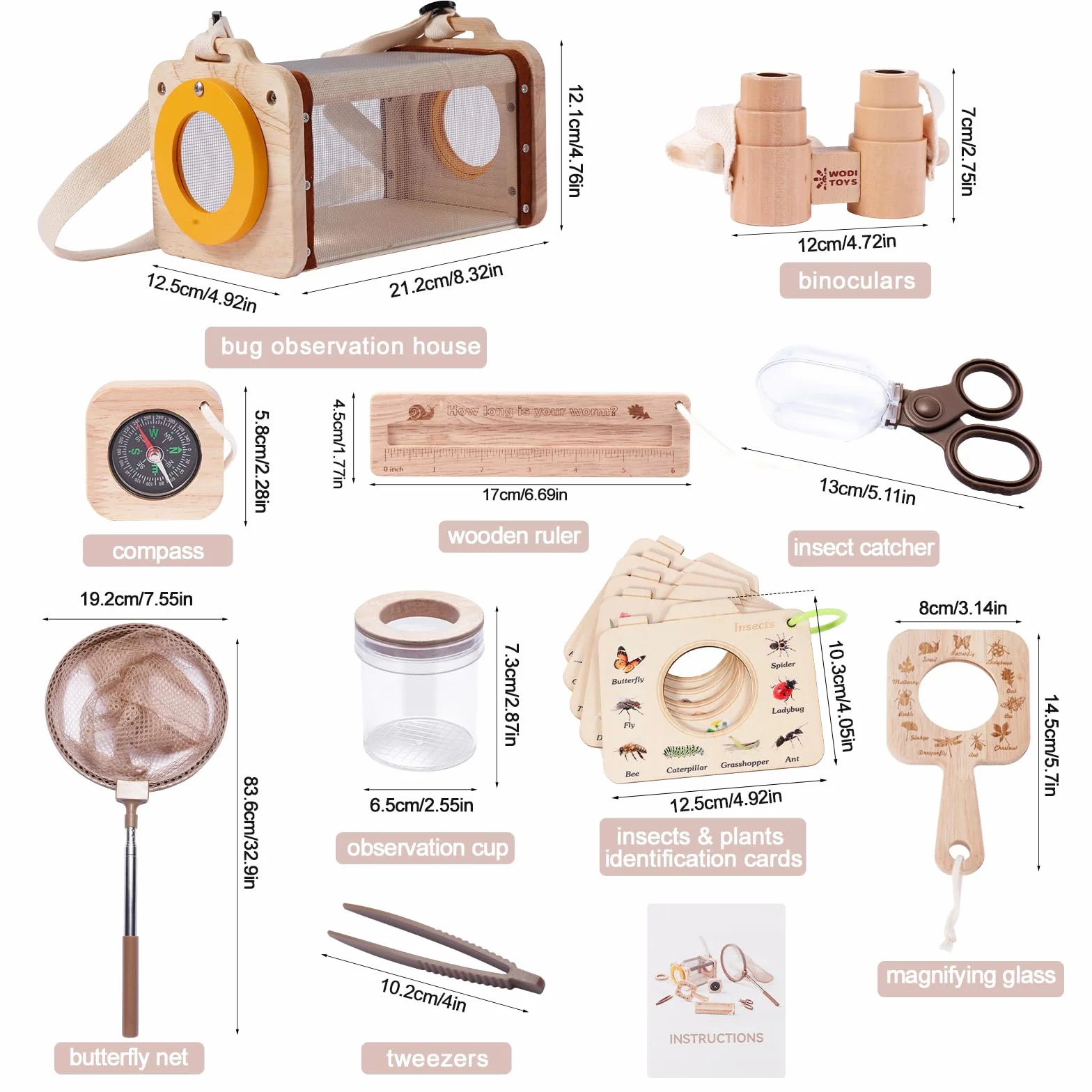 Astarama Kit acchiappa-Insetti in Legno per Bambini, 11 Pezzi Set da Esploratore con retino per Farfalle, Lente d'Ingrandimento, Habitat per Insetti, binocolo, Bussola, per Cortile e Campeggio