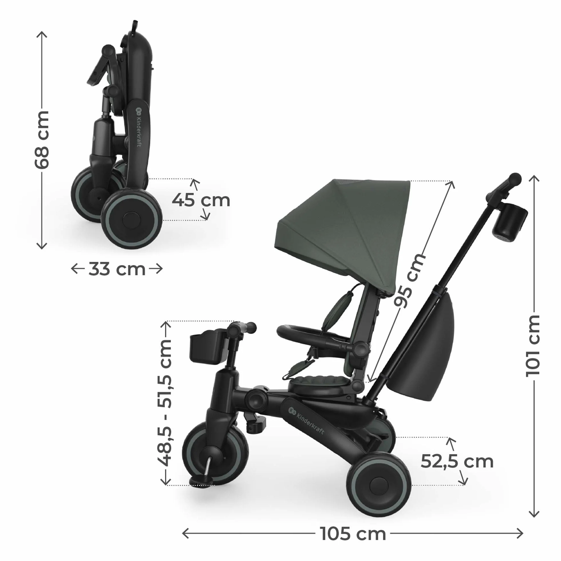 Kinderkraft JAZZ 3 triciclo pieghevole 9 mesi-25 kg, seduta 360°, semi-reclinabile fronte/retro, capotta UPF 50+ impermeabile, ruota libera, chiusura compatta, Verde