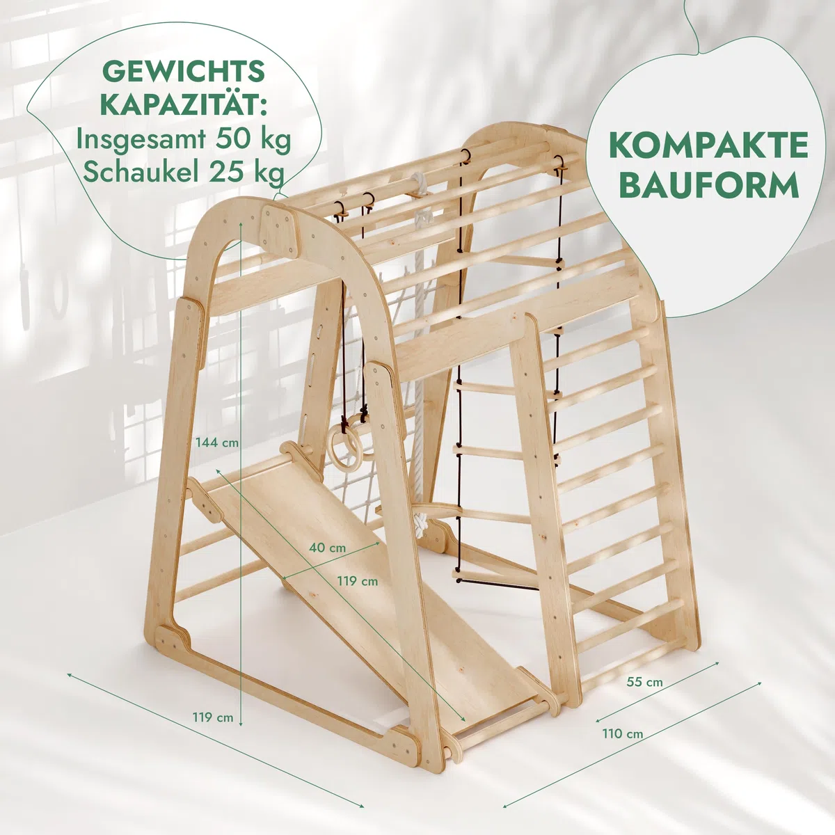 Montessori Struttura in Legno per Bambini, Parco Giochi con Scivolo, Altalena, Parete da Arrampicata, Corda, Scala a Maglia 3-8