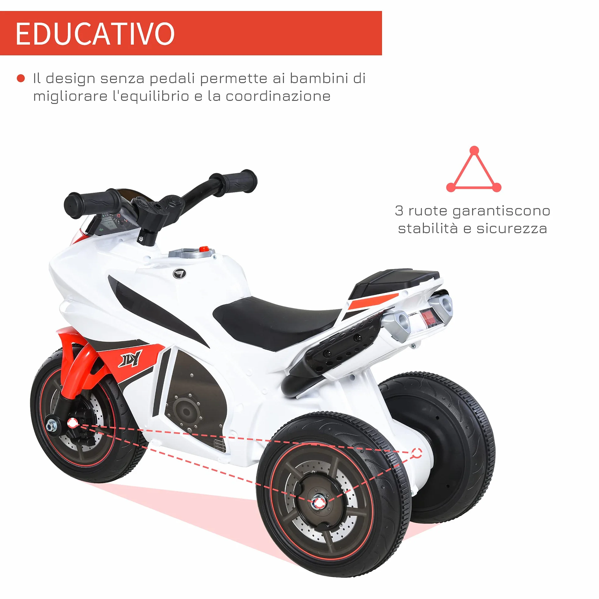 HOMCOM Moto Giocattolo a 3 Ruote per Bambini 18-36 Mesi, Motocicletta Cavalcabile Stile Polizia con Musica e Fari Senza Pedali in PP e Metallo Bianco e Rosso