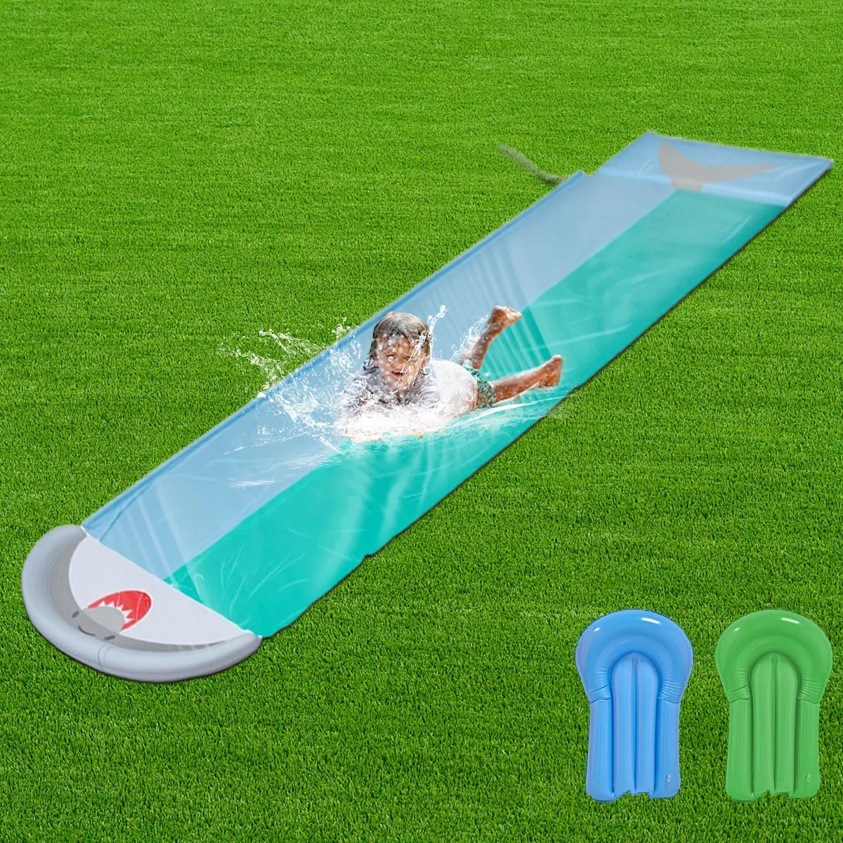 ACTOYS Scivolo d'Acqua Doppio per Prato con Bodyboards, Giocattolo Estivo con Irrigatore Integrato (196x57in)