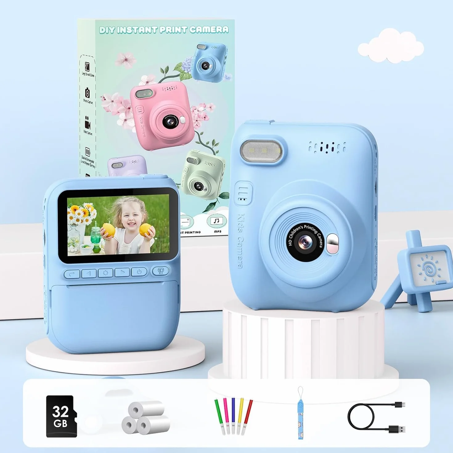 Fotocamera per Bambini, Stampa Istantanea con Schermo HD 3 Pollici, Fotocamera Istantanea per Bambini, Regalo Natale Compleanno Ragazze Ragazzi 3-10 Anni