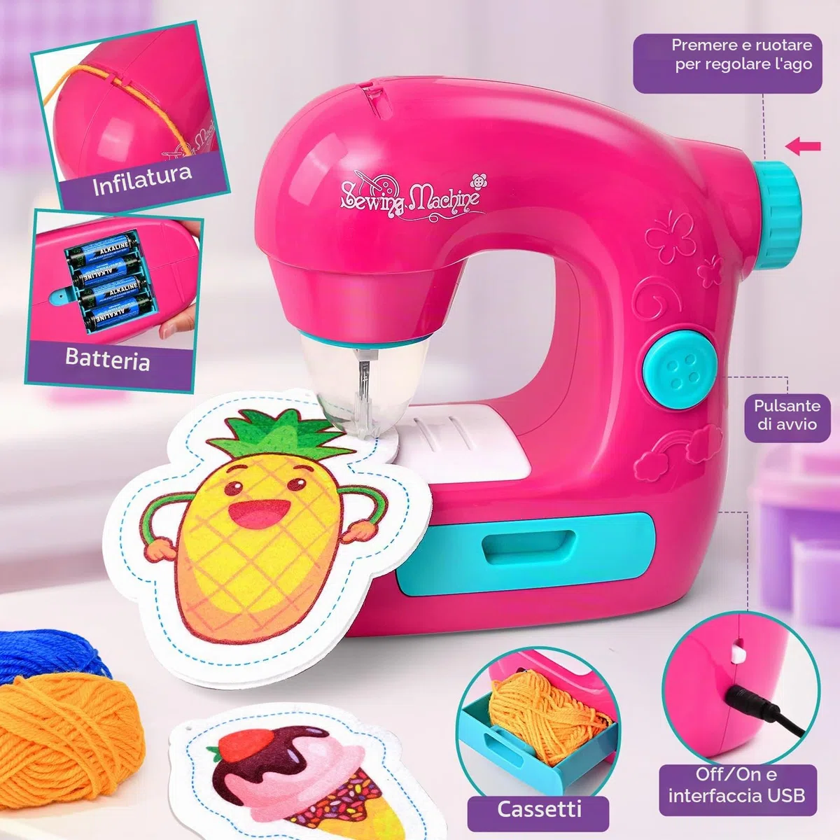 vamei Mini Macchina da Cucire Bambina, Sewing Machine Elettrica con Tessuti, Fili, Accessori Completi, Kit Cucito Bambini, Kit Lavoretti Creativi per Bambini, Regalo Bambina 3+ Anni