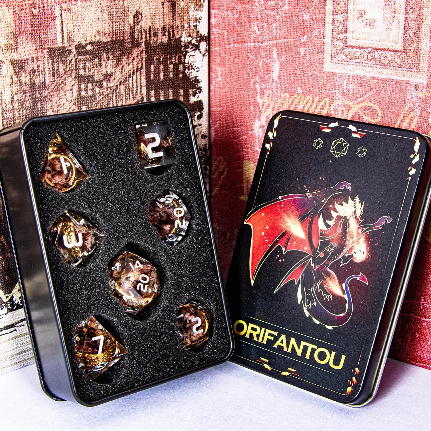Set di dadi magici in resina con bordo affilato, con custodia, dadi poliedrici D20, D12, D10, D8, D6
