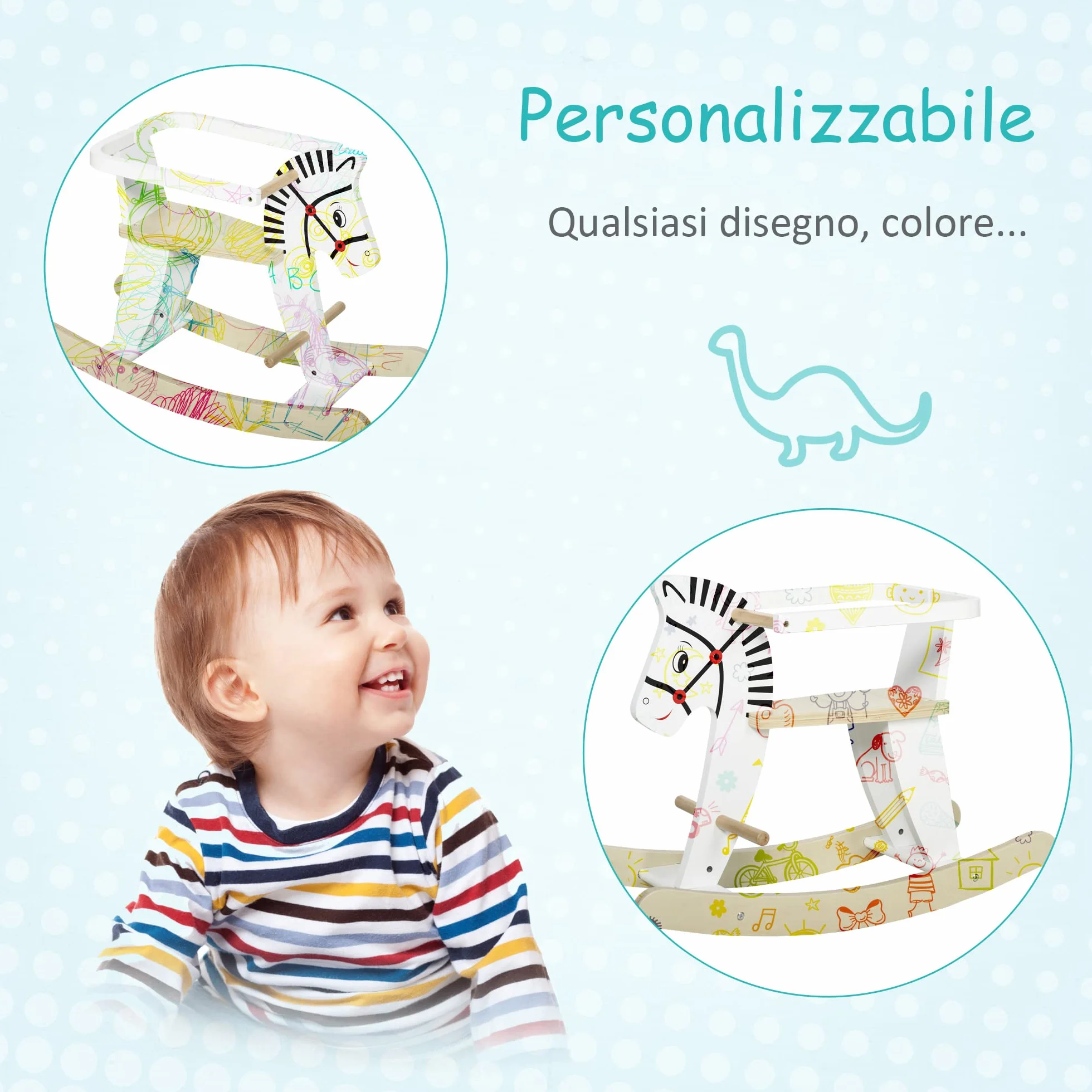 HOMCOM Cavallo a Dondolo Classico in Legno per Bambini 1-3 Anni con Bordo, Maniglie e Poggiapiedi, 68x26.5x48cm, Bianco