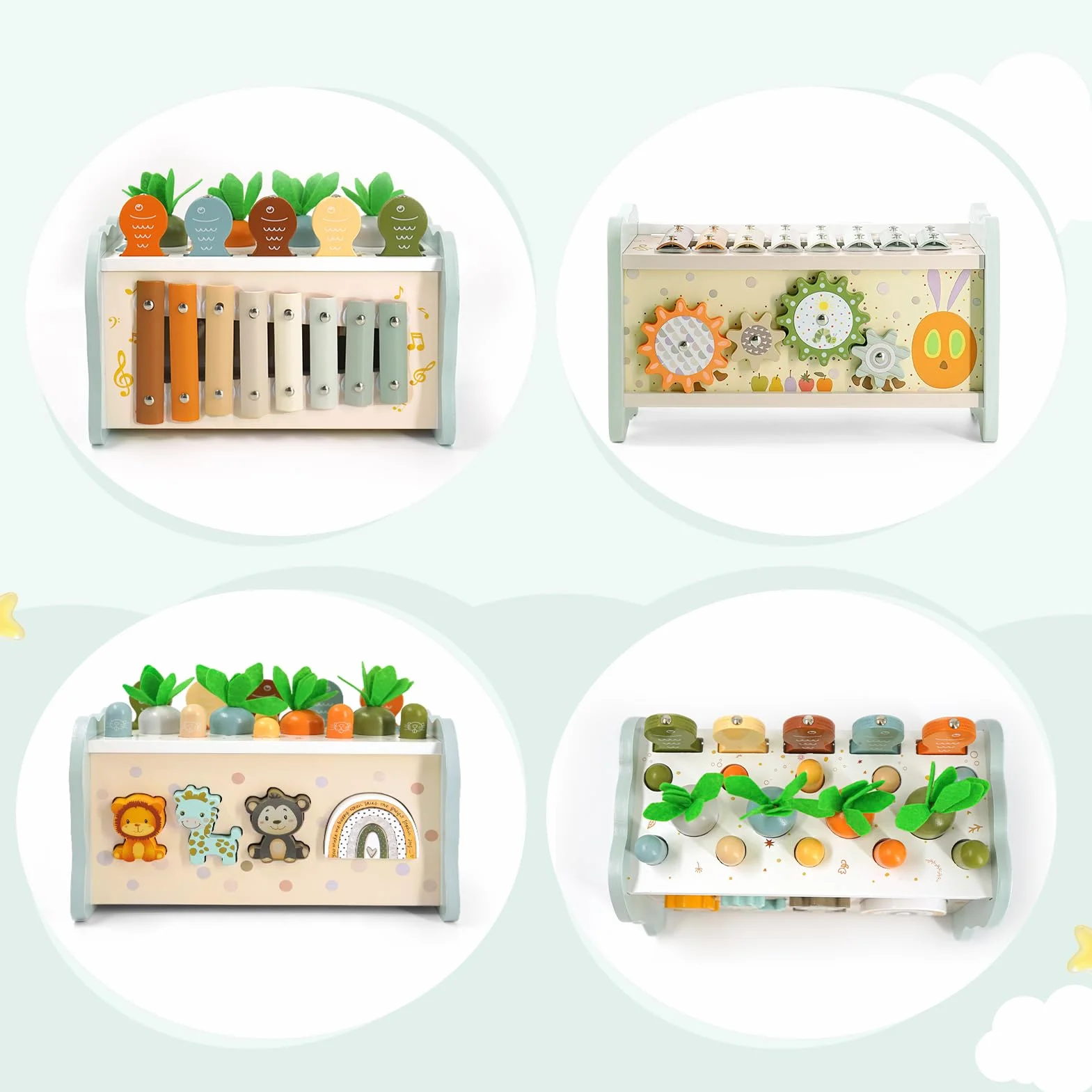 Giochi Montessori 1 Anno, Giocattoli Legno 6 in 1 con Acchiappa Talpa, Pesca, Xilofono per Bambini 1-3 Anni