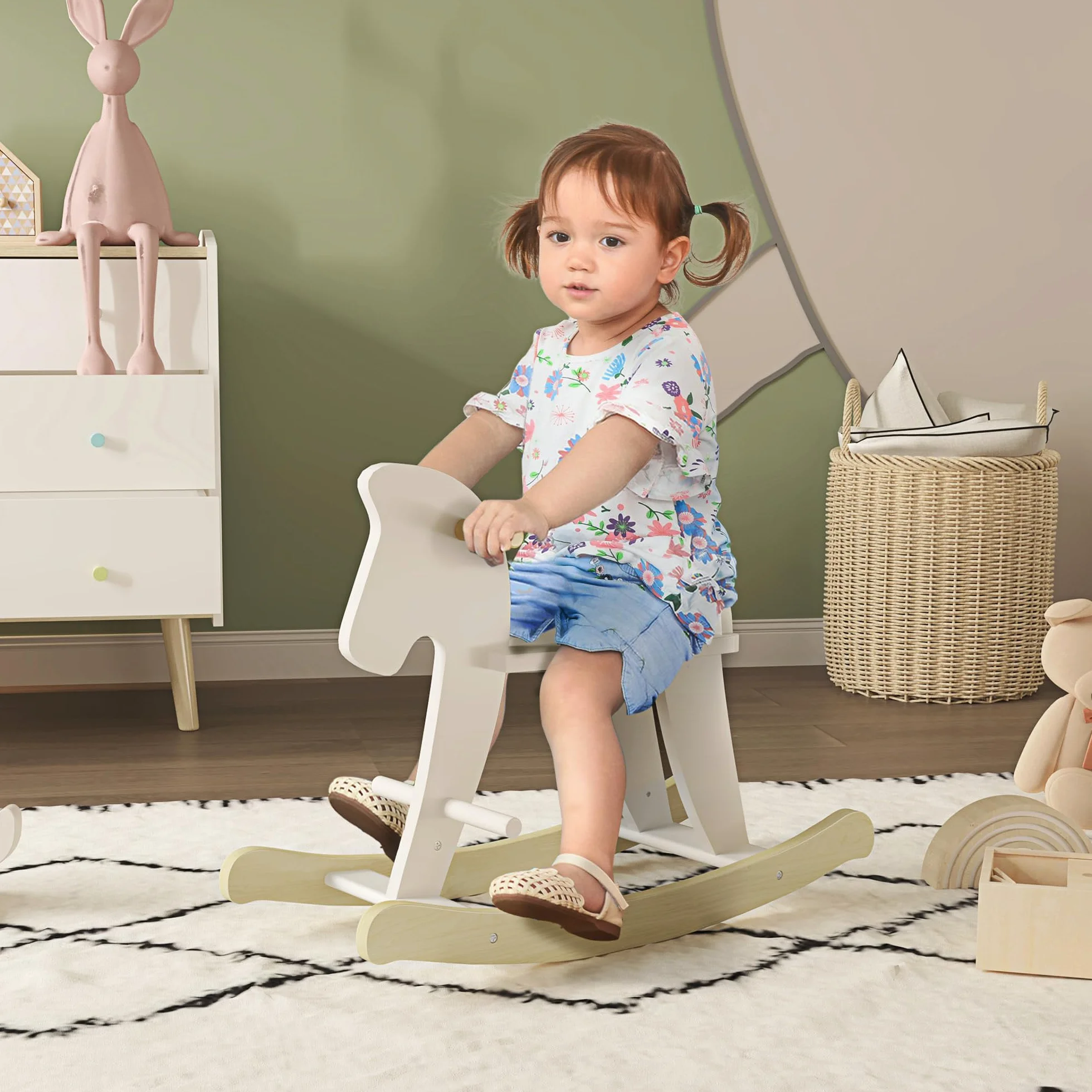 HOMCOM Cavallo a Dondolo per Bambini 1-3 Anni, Design Classico in Legno con Maniglie e Poggiapiedi, 68x26.5x48cm, Bianco