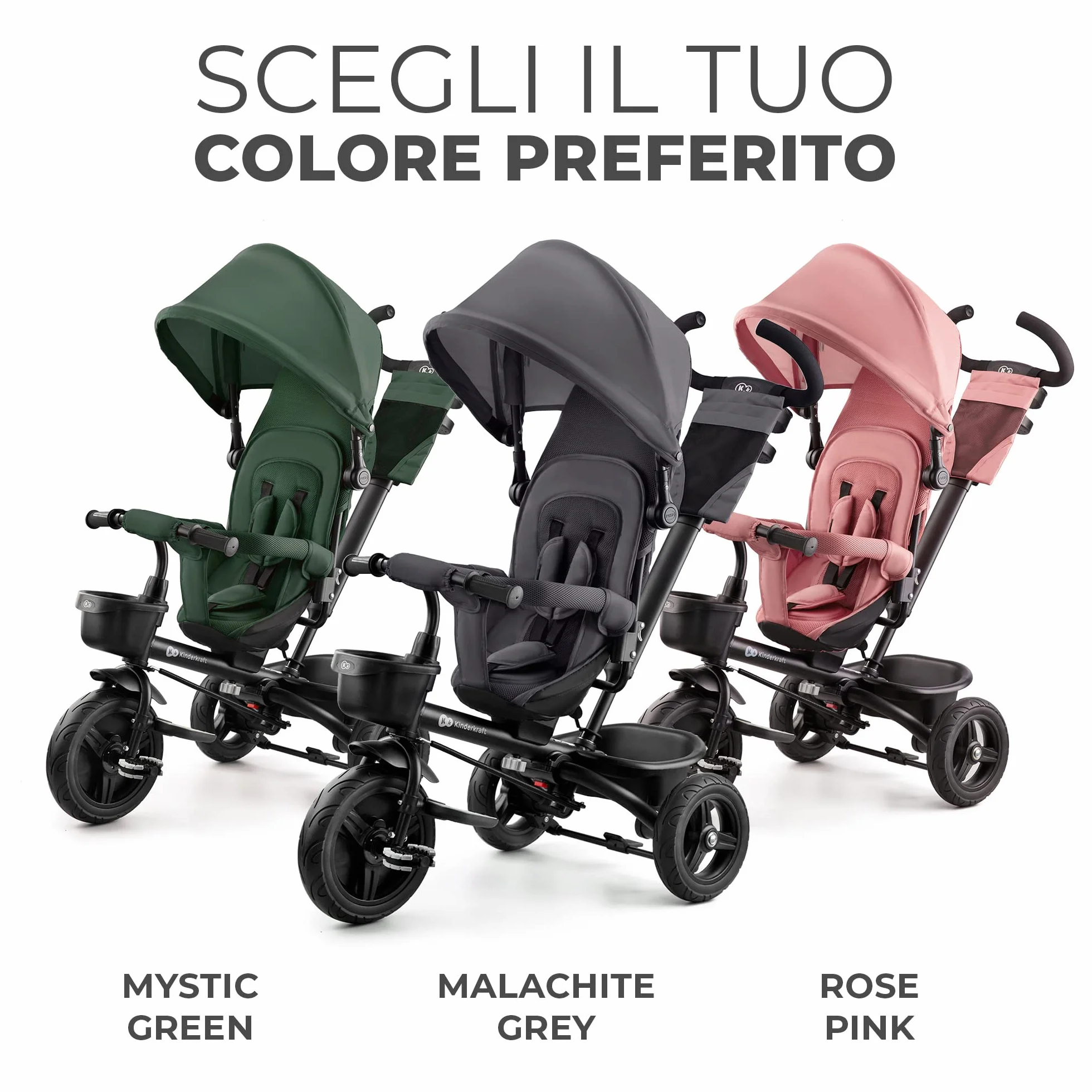 Kinderkraft AVEO Triciclo bambini dai 9 Mesi fino 25 kg, Passeggino con Maniglione del Genitore regolabile, Bici, Compatto pieghevole, Sedile girevole Fronte Mamma e Strada, Ruota libera, Grigio