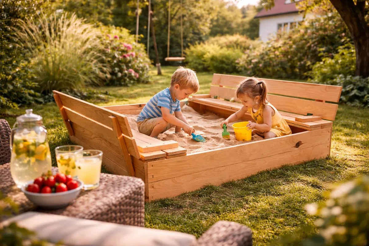 MG Design Sabbiera in legno 120 x 120 cm – con panchine pieghevoli e coperchio, sabbiera da giardino per bambini, sandbox legno esterno