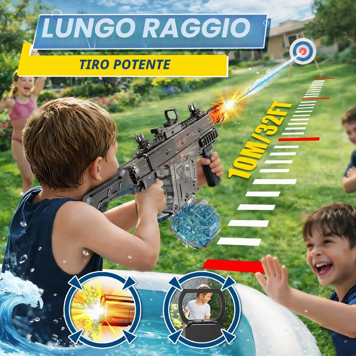 JONRRYIN Pistola ad Acqua Elettrica Automatica con Luci LED, Fucile ad Acqua Autocaricante Capacità 450ml, Portata 8m per Adulti e Bambini Piscina Spiaggia Giardino Feste Estive (Nero)