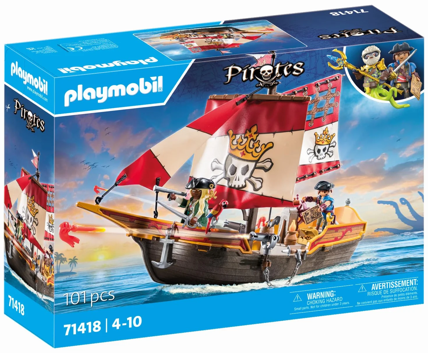 PLAYMOBIL Pirates 71418 Nave Pirata, emozionanti Avventure piratesche, playset con Molti Accessori Come Un telescopio, Una Bussola e cannoni, Giocattolo per Bambini dai 4 Anni in su