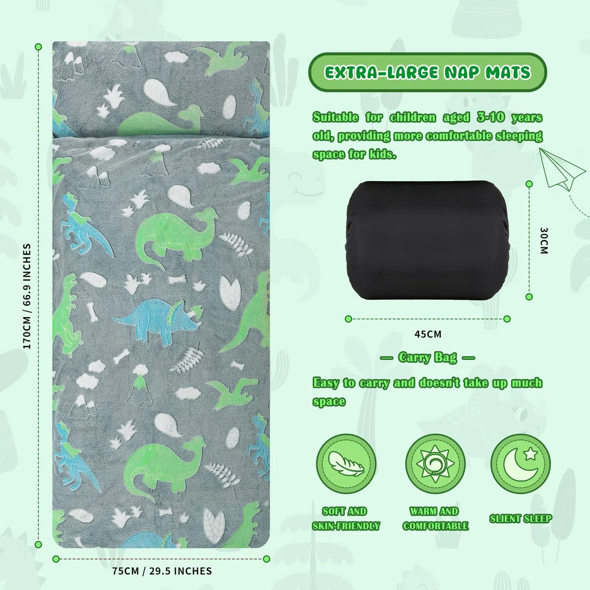 Decalsweet Nap Mat per Bambini Luminoso con Rimovibile Cuscino, Grande Sacco a Pelo Pieghevole per Ragazze Ragazzi, Nap Mats con Doppia Cerniera per Campeggio, Scuola Materna e Asilo, 170×75cm