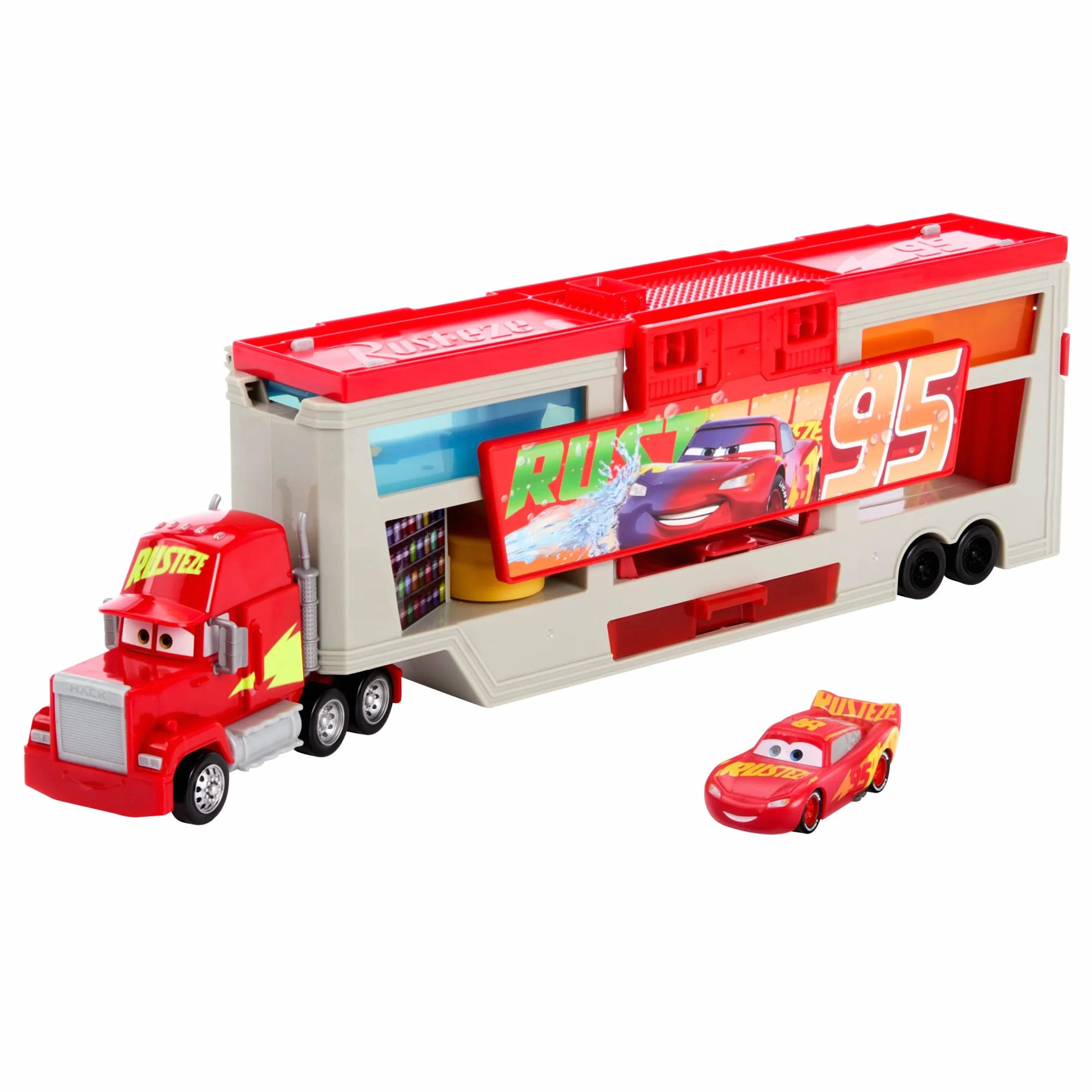 Mattel Disney e Pixar Cars, Mack Officina Cambia Colore con cabina di guida rimovibile, playset con truck e macchinina trasformabili, Saetta McQueen e accessori cambia colore, HPD82