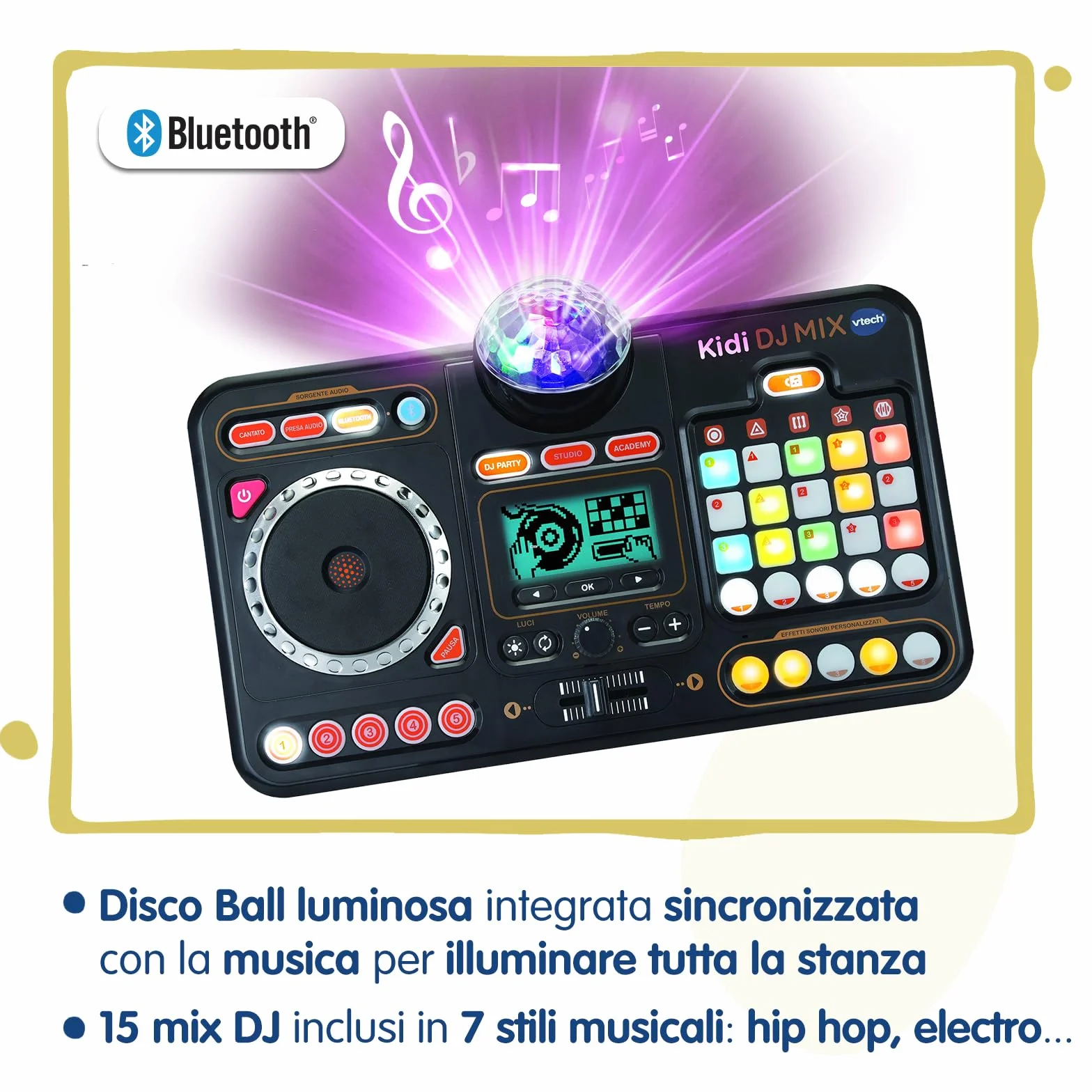VTech Kidi DJ Mix, Console da DJ per Bambini, Effetti Luminosi da Concerto, DJ Mix da Bambini con Microfono, Collega il Tuo Lettore MP3, Jack o Bluetooth, Lingua Italiana, Batterie Incluse, 6+ Anni