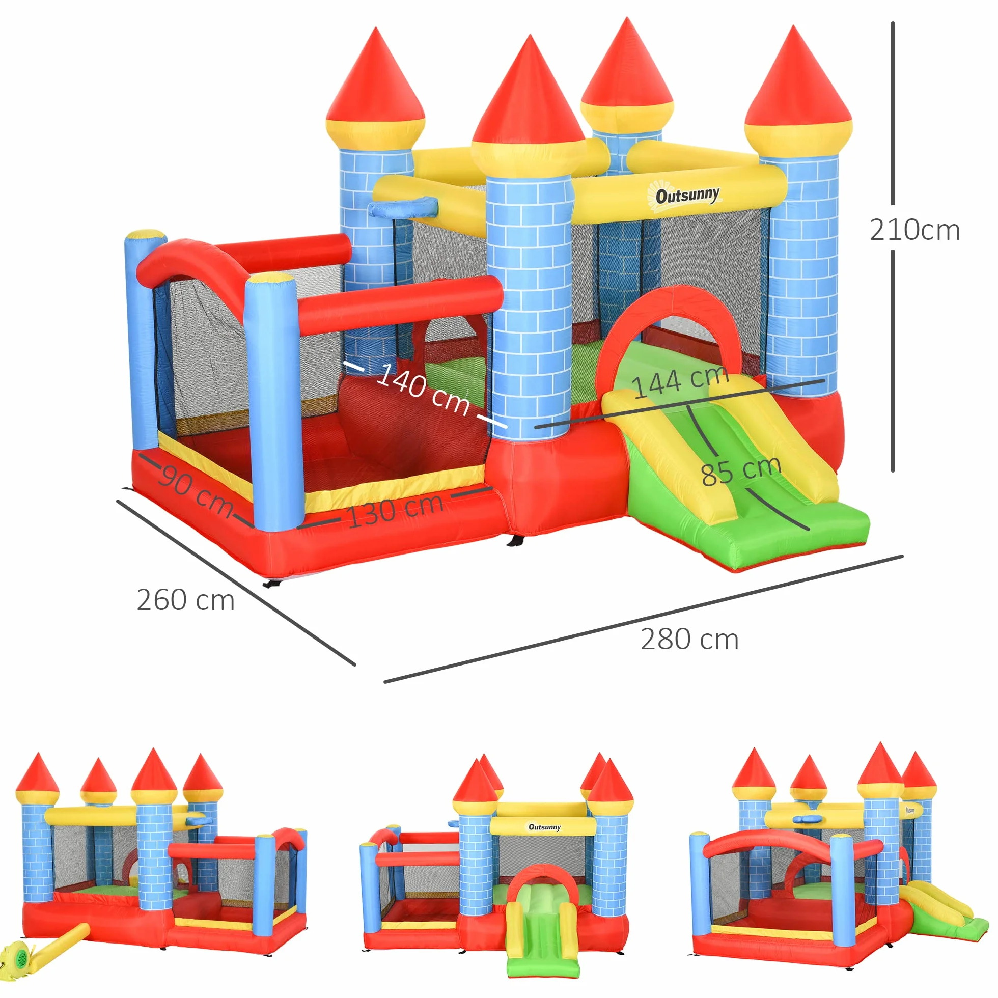 Outsunny Castello Gonfiabile Gigante e Rimbalzante per Bambini 3-8 Anni con Scivolo, Piscina e Canestro, 280cmx260cmx210cm