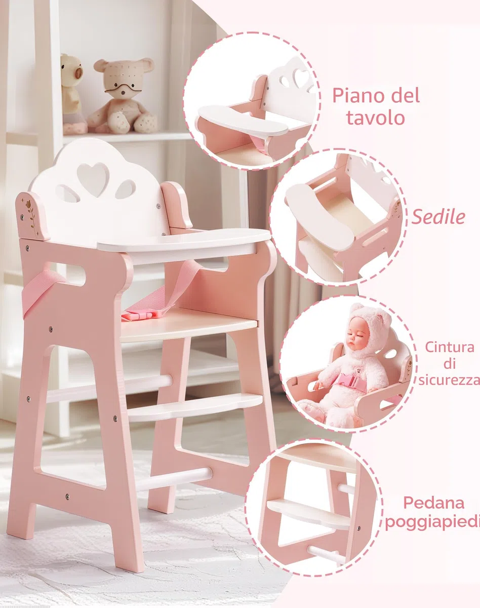 ROBUD Seggiolone per Bambini con Cintura di Sicurezza Regolabile, Tavolo e Poggiapiedi per Bambole fino a 18", Giocattolo dai 3+ Anni Rosa