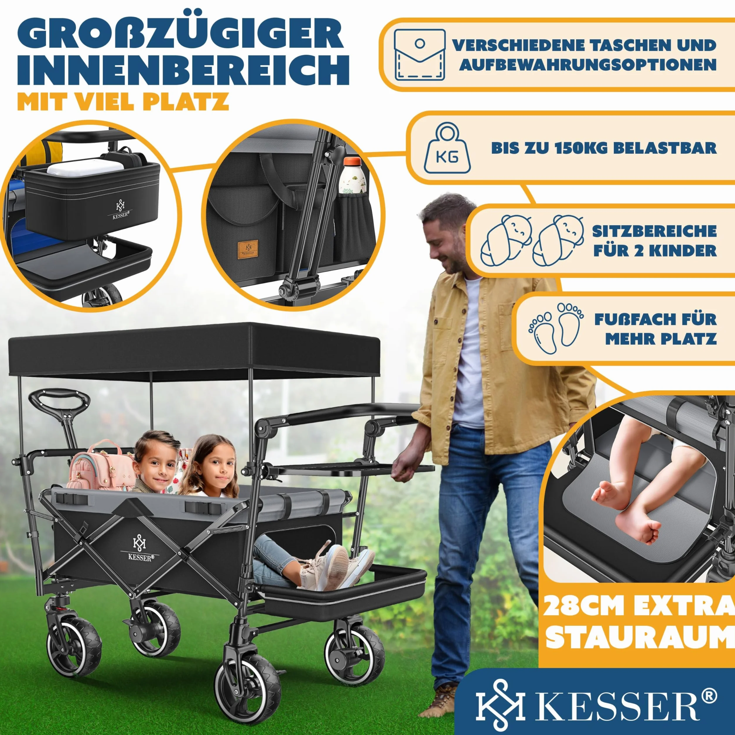 KESSER GTS-9100 - Carrello pieghevole con tetto, portata fino a 150 kg, con ruote in gomma dura e freni di stazionamento anteriore/posteriore, con serratura, copertura, intemperie e protezione da