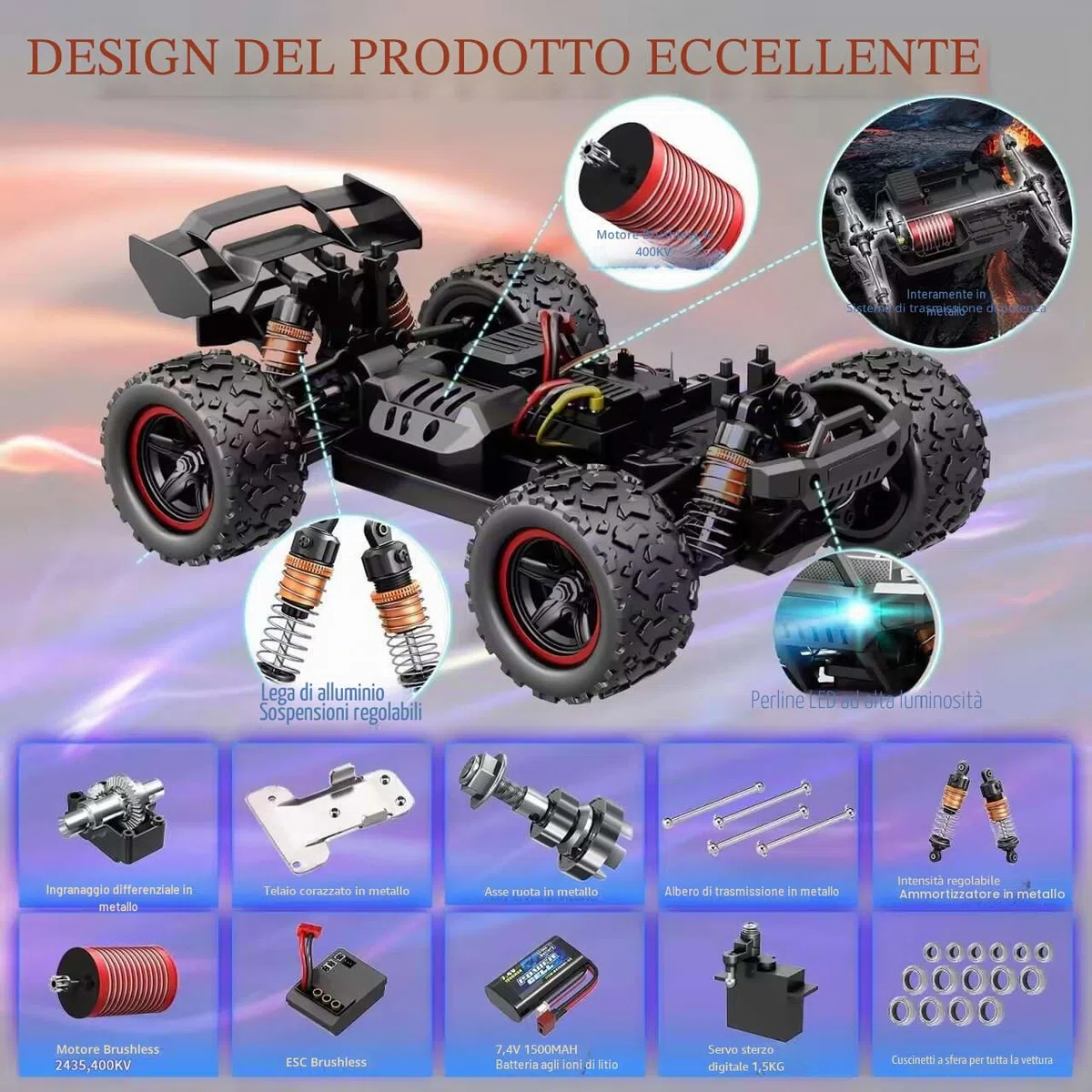 Herenear Auto Telecomandata, 60 Km/h Macchina Telecomandata, 1:18, 2.4Ghz, Motore Brushless, 4WD RC Drift Car con Luci, 40 minuti All Terrain Offroad Telecomandata Auto Gioco Regalo