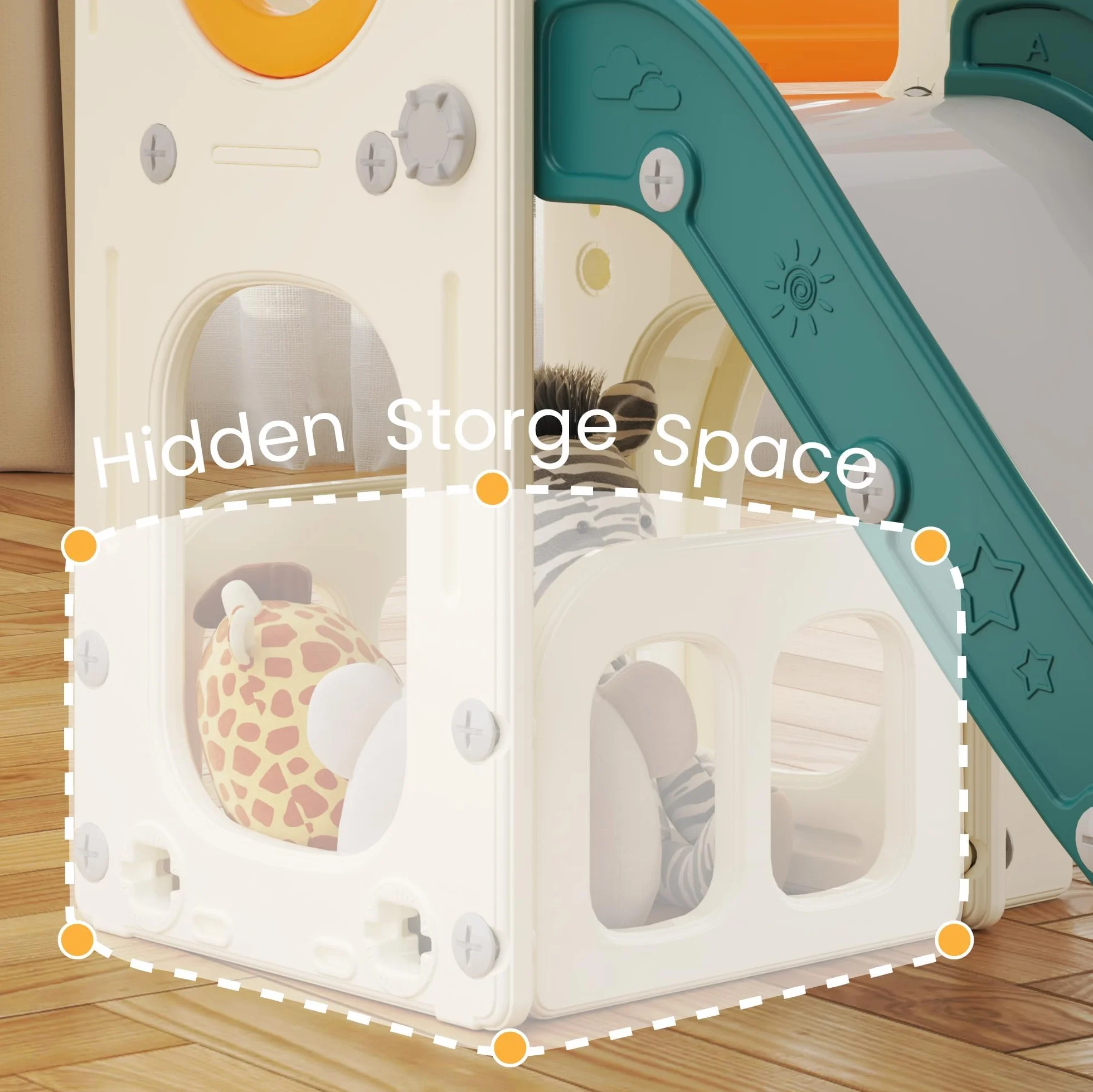Scivolo per Bambini con Scala da Arrampicata, Canestro da Basket e Tunnel, Set di Scivolo in Plastica per Interni per Bambini, Giochi Montessori per Parco Giochi, Verde