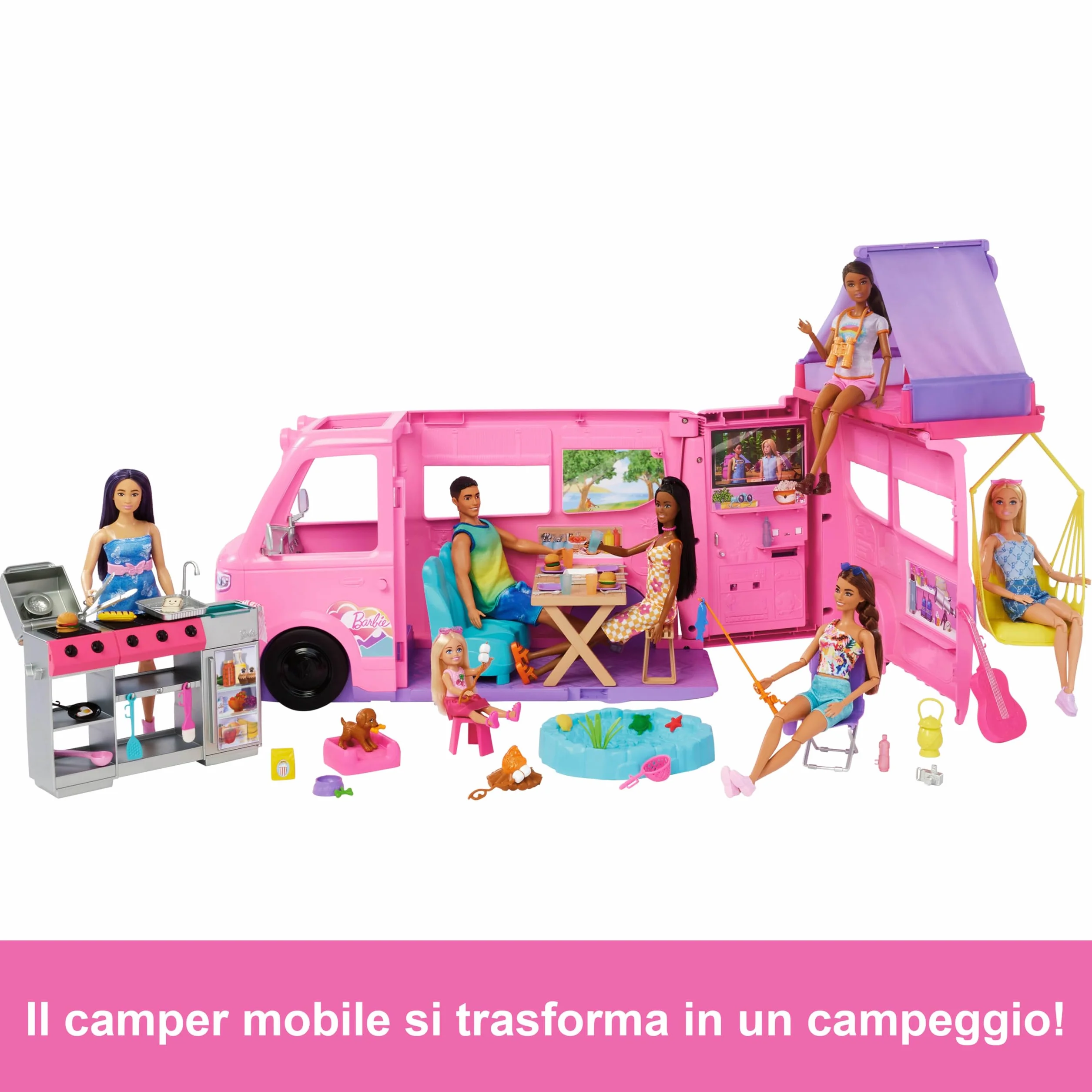 Barbie - Camper dei Sogni, veicolo con oltre 60 accessori e pasta modellabile, effetto cambia colore, include tenda sul tetto e altalena, giocattolo per bambini, 3+ anni, HRJ78