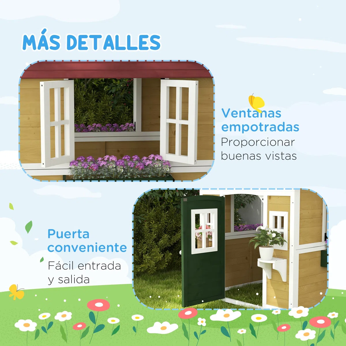 Outsunny Casetta da giardino in legno per bambini 114x126,4x135 cm