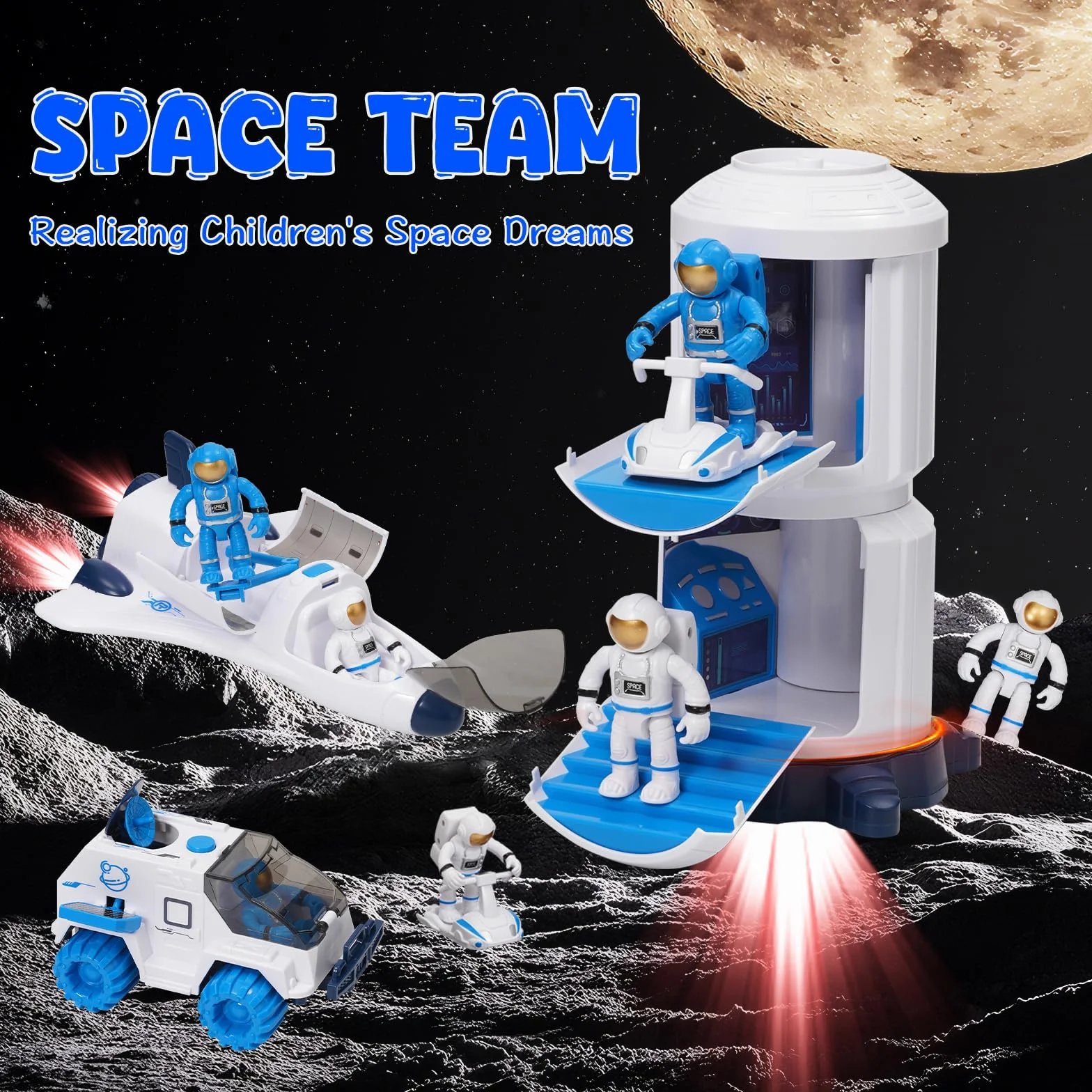 Space Shuttle Racket giocattolo per bambini, giocattolo spaziale con effetti di luce e suono, con stazione spaziale, Space Shuttle, Space Rove e astronauti, regalo per bambini