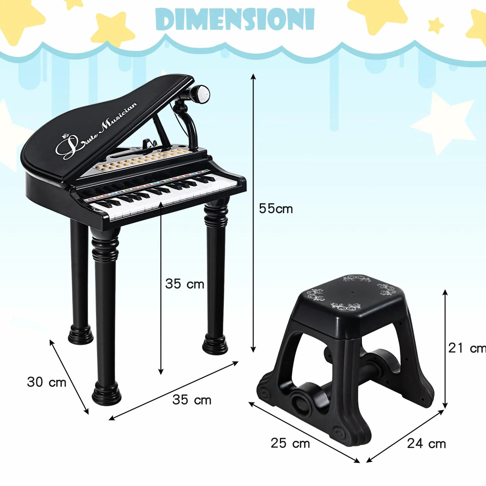 RELAX4LIFE Pianoforte per Bambini con 31 Tasti e Sgabello, Tastiera Pianoforte Elettronico con Microfono Regolabile, Giocattolo Musicale Regalo per Bambini 3+ Anni (Nero)