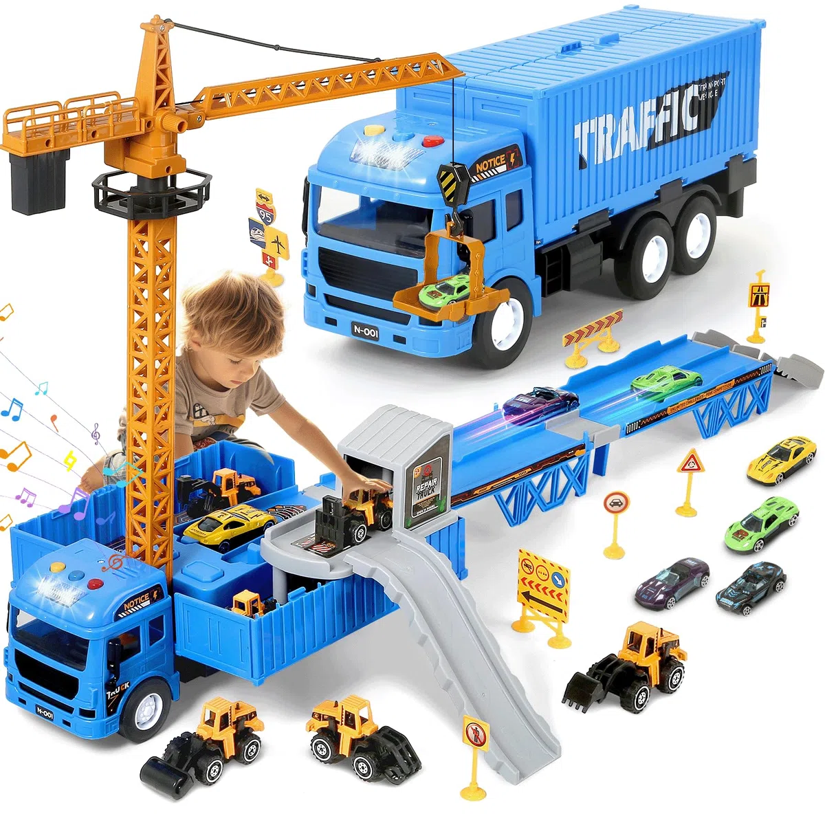 MOONTOY Cantiere Giocattolo per Bambini Camion Pista Macchinine Gru Bisarca con Escavatore Bulldozer Betoniera Rullo Compressore Regalo 3 4 5 6 Anni