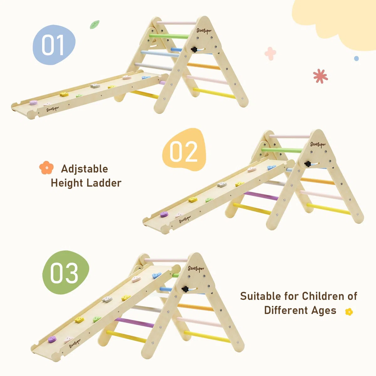 BanaSuper 2 in 1 Bambini Triangolo da Arrampicata in Legno Pieghevole con Rampa Giocattoli Montessori