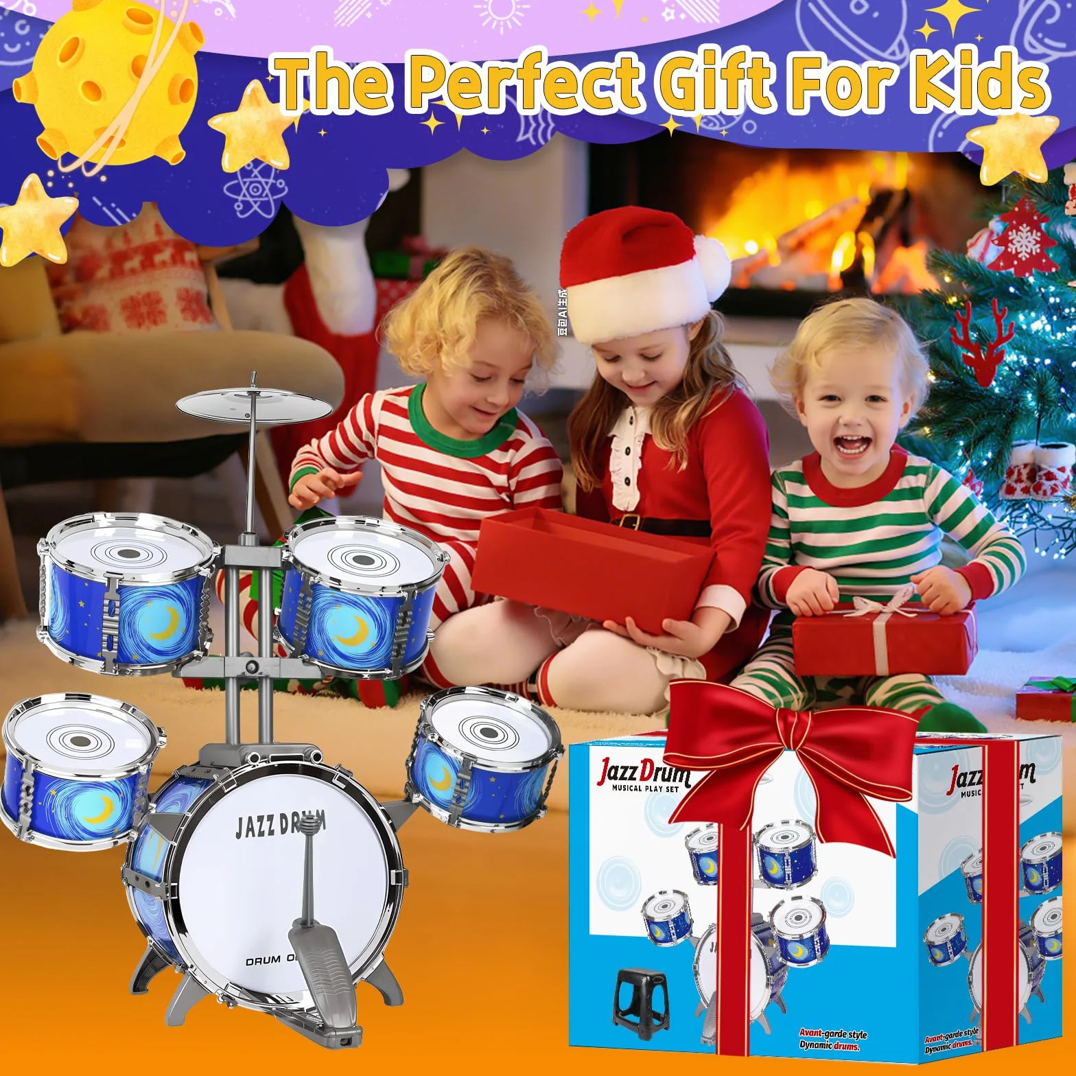 Batteria Bambini Giocattolo, 5 Tamburi Batteria Jazz Kit Strumento Musicale Percussione Educativo Giocattolo con Sgabello per 3 4 5 6 Anni Principianti Ragazzi Ragazze Compleanno Natale Regali, Blu