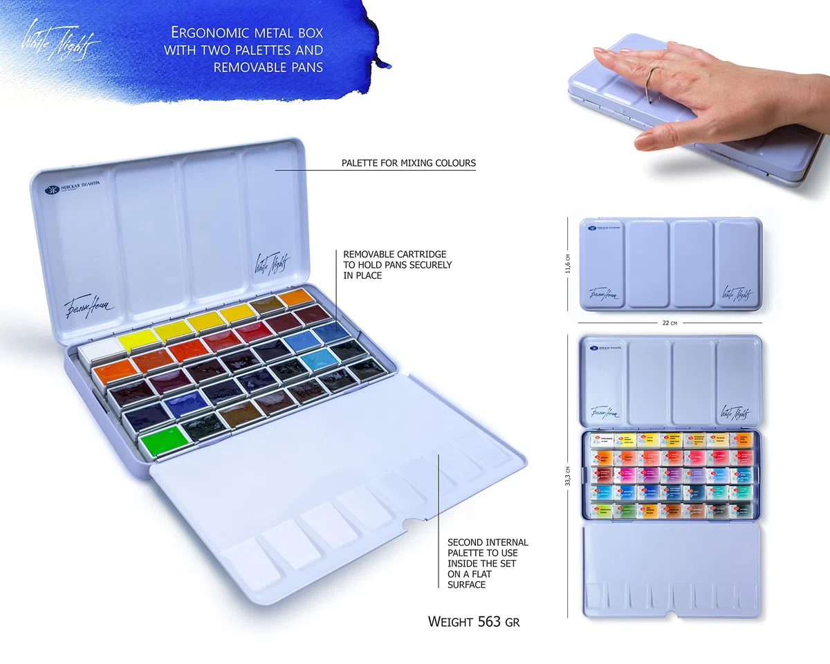 Honsell White Nights - Set di acquerelli per artisti, 35 colori in una custodia in metallo