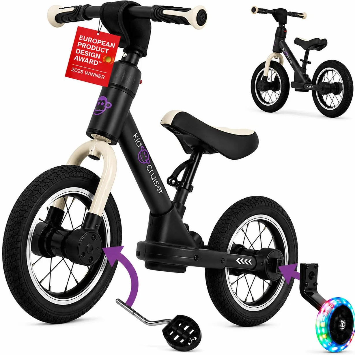Kidcruiser Pedalplay bicicletta senza pedali 2 anni 3‑in‑1 con rotelle LED e pedali, telaio modulare