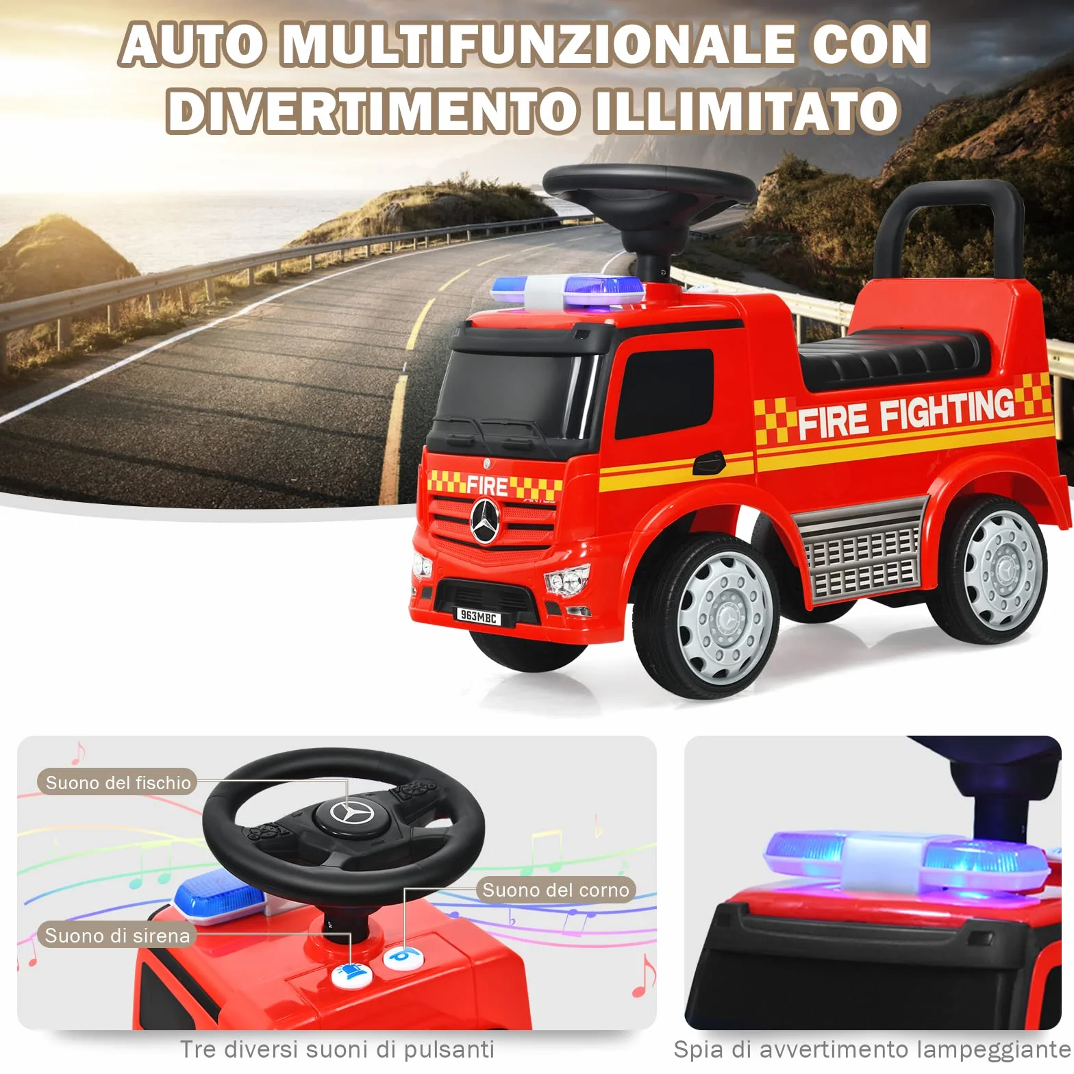 COSTWAY Camion dei Pompieri per Bambini, Macchinina Cavalcabile per Bambini, con Volante, Schienale, Macchina Cavalcabile con Piedi a Terra, Rosso