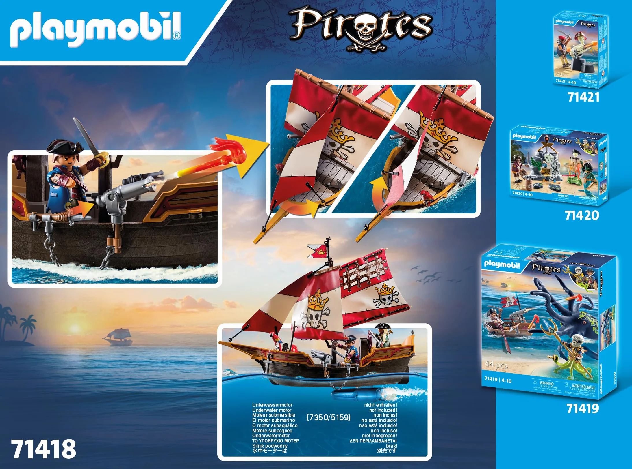 PLAYMOBIL Pirates 71418 Nave Pirata, emozionanti Avventure piratesche, playset con Molti Accessori Come Un telescopio, Una Bussola e cannoni, Giocattolo per Bambini dai 4 Anni in su