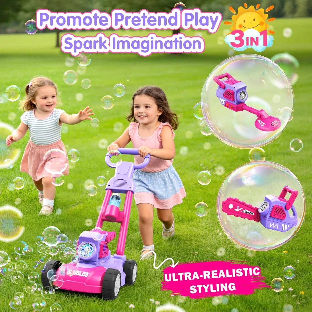 Tosaerba Spara Bolle per Bambini, Macchina per Bolle 3-in-1 con 10 Soluzioni, Giochi all'Aperto per Bambini 3-8 Anni, Regalo di Compleanno Pasqua Estate per Ragazzi e Ragazze 3 4 5 6 7 8 Anni