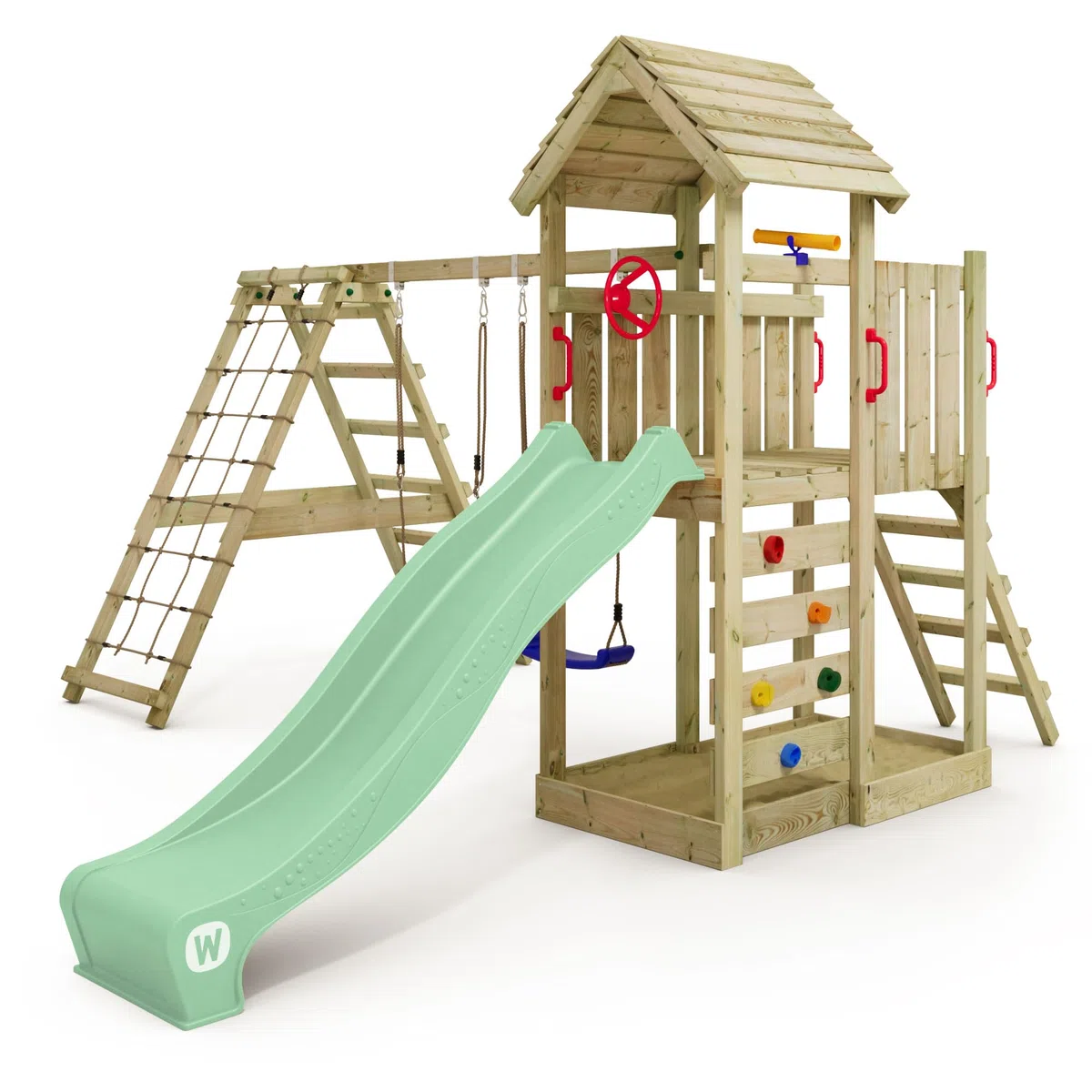 Gioco da giardino WICKEY RocketFlyer con tetto in legno, altalena e scivolo, struttura da esterno per bambini con sabbiera, scaletta e accessori da gioco - verde pastello